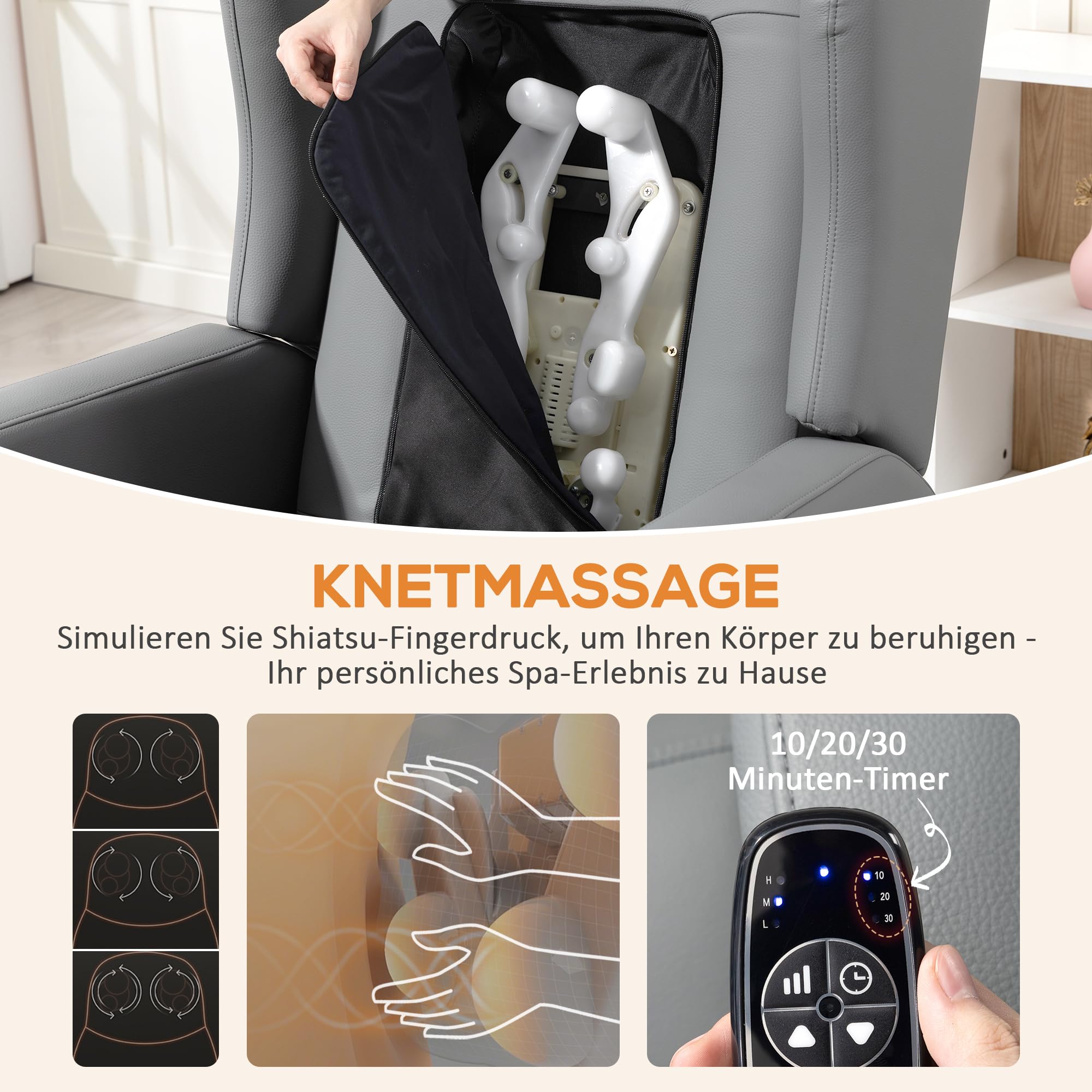 HOMCOM Relaxsessel Elektrisch Fernsehsessel mit 3D Knetmassage, Massagesessel mit Liegefunktion, Gepolstert TV Sessel mit Fernbedienung, Fußteil und Seitentasche, Ledermischung, für Wohnzimmer, Grau