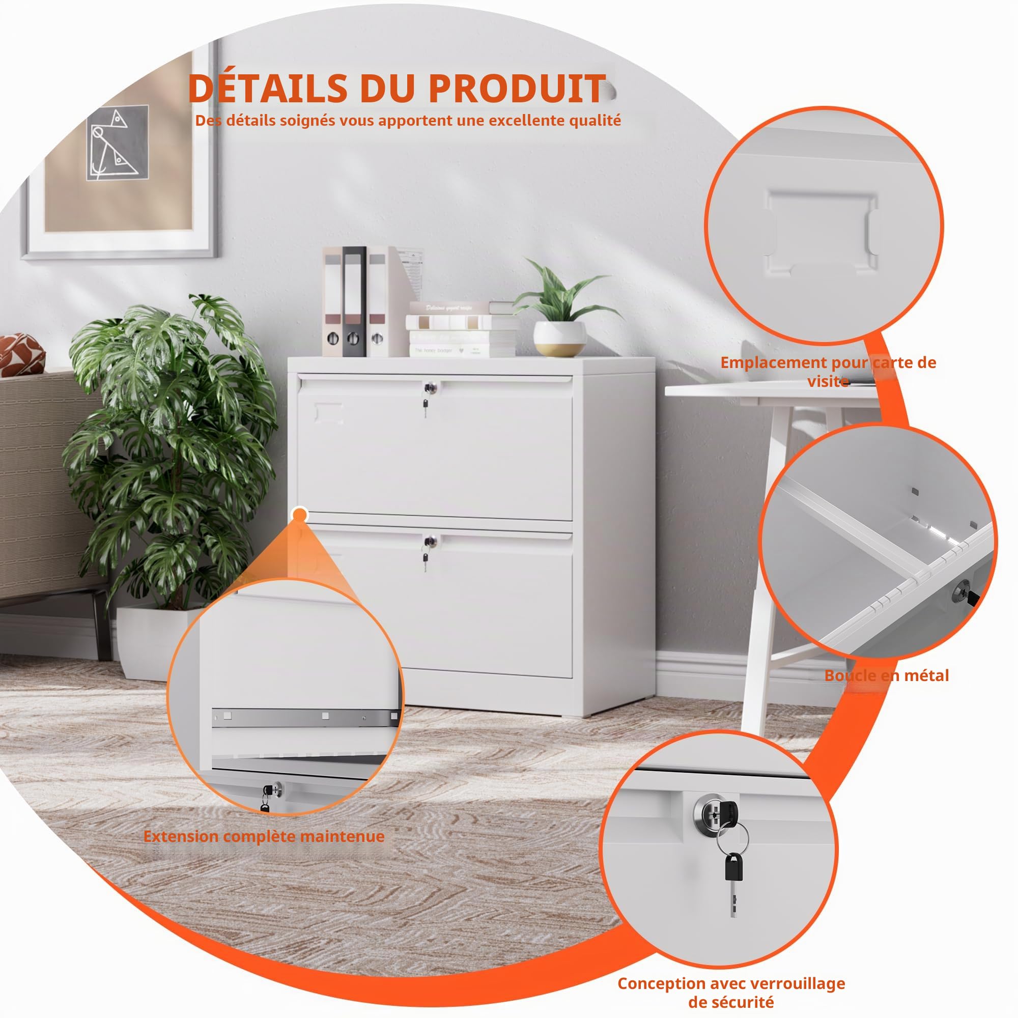 Armoire de rangement en métal avec 2 tiroirs, grand volume de rangement, armoire de classement avec serrure, grande capacité, adaptée pour la maison, le bureau, blanc