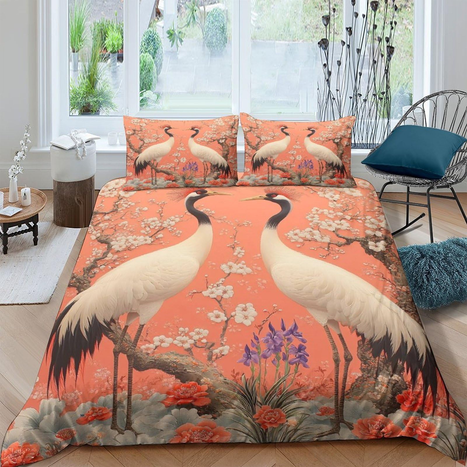 Ctjqhvkz Style-5 3D Printed Crane Blossom Fitted Sheet Microfiber Orange Floral Bed Cover For Bedroom Decor Dorm Mattress Protection Single（135X200cm）