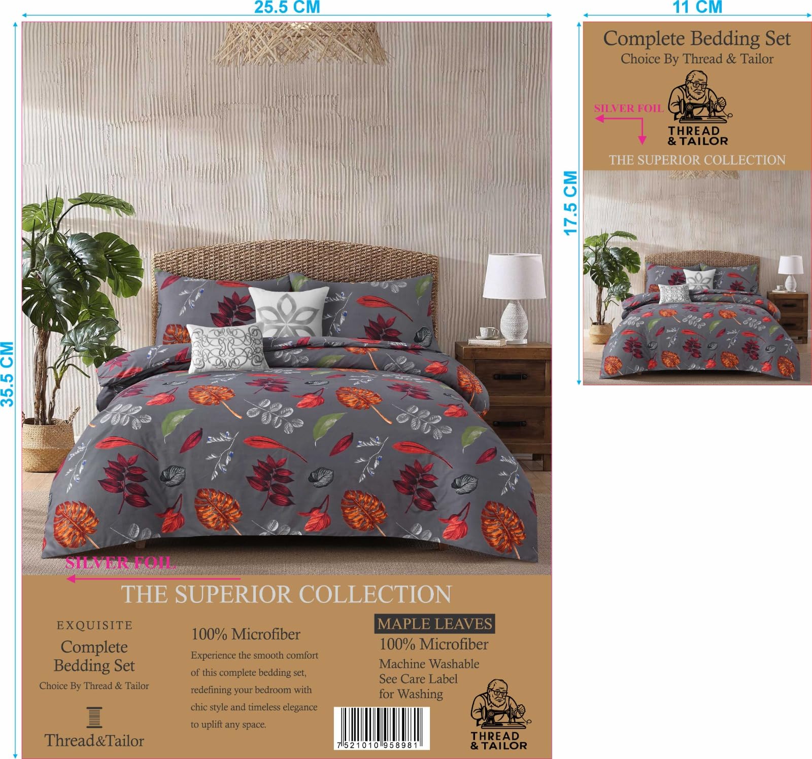 Floral Duvet Cover Set Double Bed 4 Piece, Soft Microfiber Bedding Set with Pillowcases & Fitted Sheet, Breathable Quilt Cover, Modern Flower Double Duvet Set UK (Maple Leaves, Double)