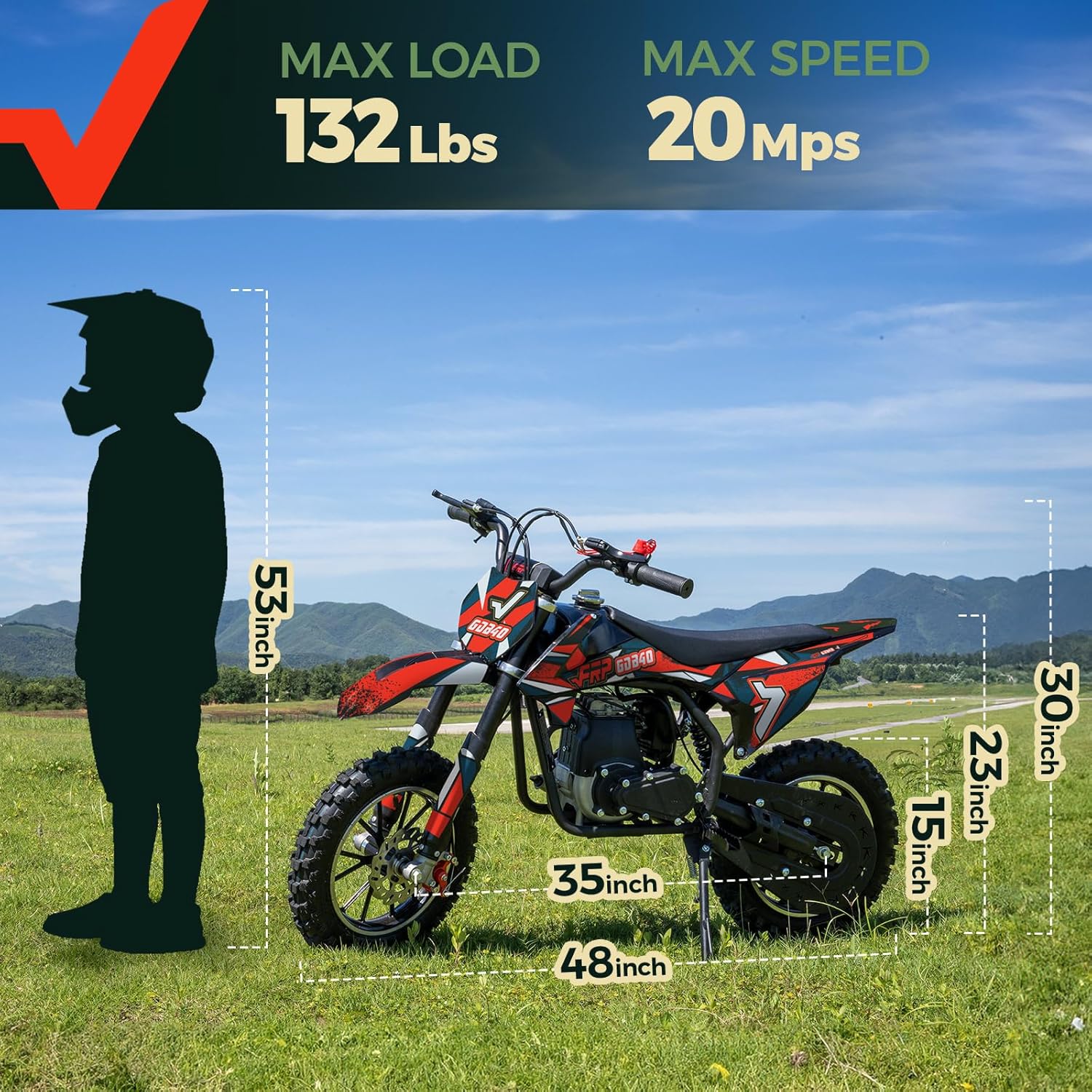 FRP FX40 40CC Gas Dirt Bike for Kids 8-12, 4-Stroke Off-Road Mini Motorcycle, 20 MPH Max Speed, Easy Pull Start, No Oil Mixing Engine, Dual Disc Brakes, 132 LBS Rider Capacity,Red