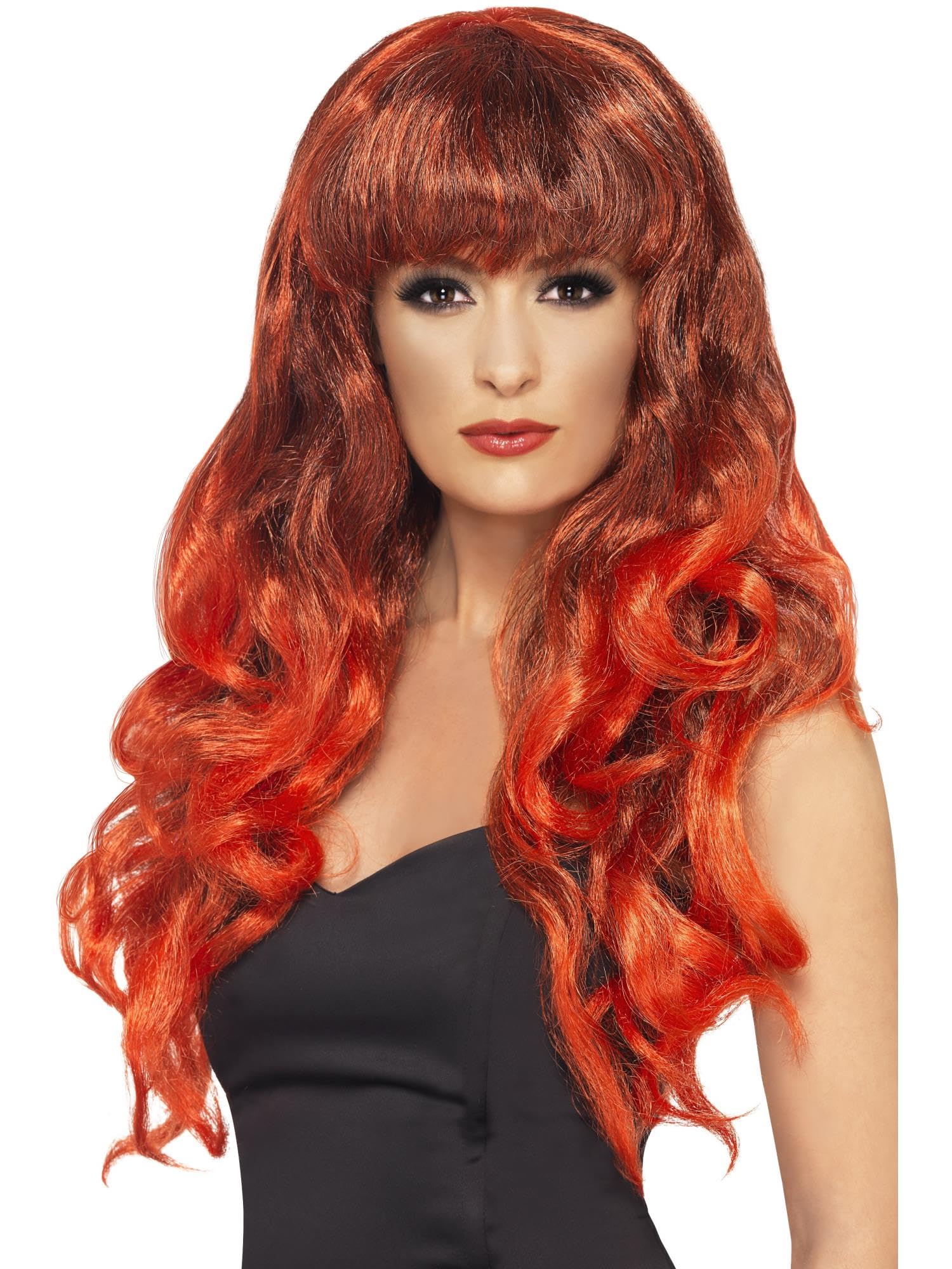 Smiffys Siren Wig, Red & Black Long, Curly with Fringe, Ladies Glamour Wigs Fancy Dress, Adult Dress Up Wigs