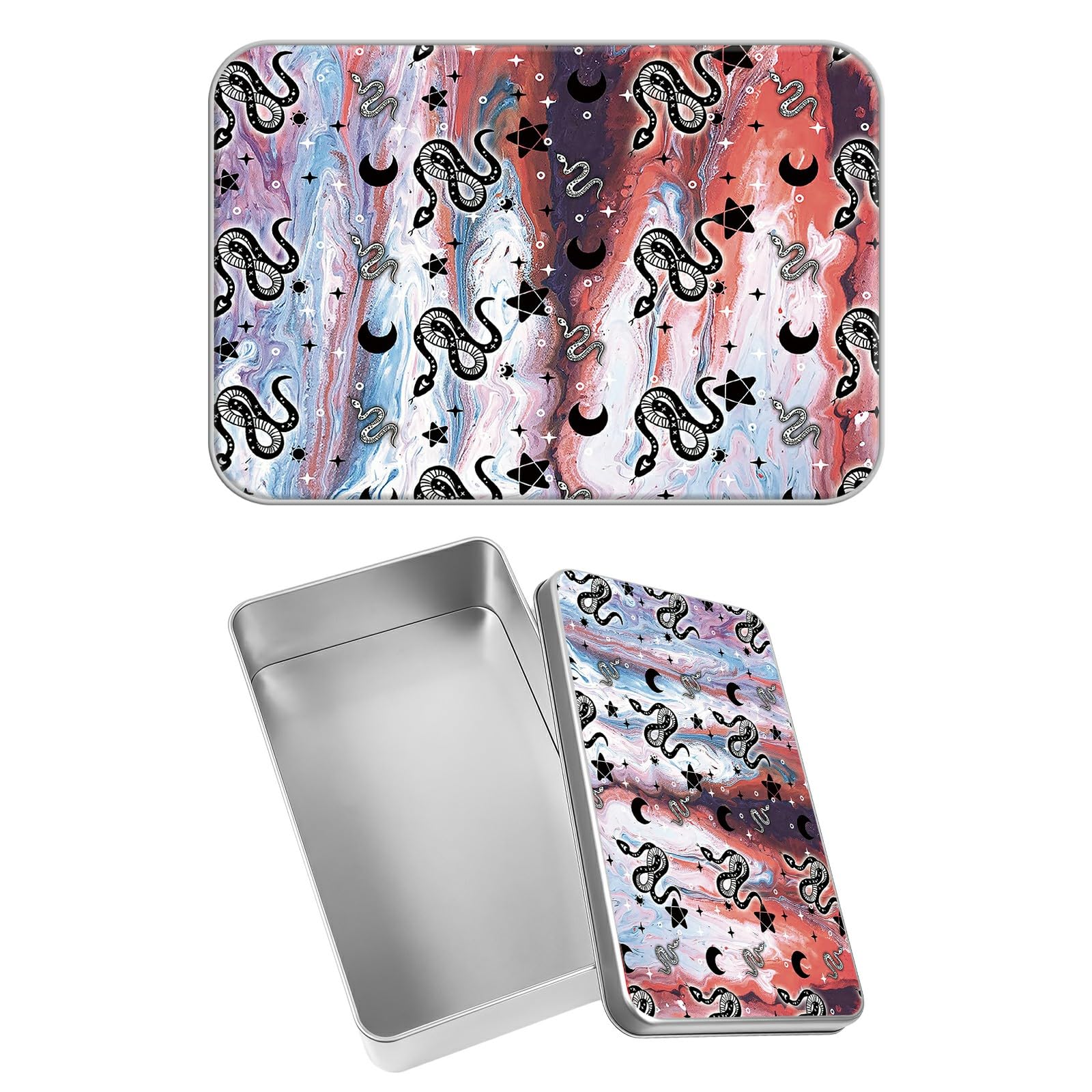 Rectangular Metal Tin Box with Removable Lid, Gothic Snake Moon Star Decorative Printed Metal Storage Container for Jewelry Pen Eraser Pill Candy Craft 4.9 x 3.54 x 1.57 inch– Single Pack