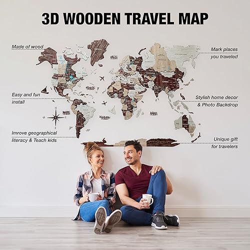 Miniatura 6 de Arte de pared de madera 3D hecho a mano con mapa del mundo, decoración de pared grande, rastrea tus viajes por el mundo, especial para el hogar