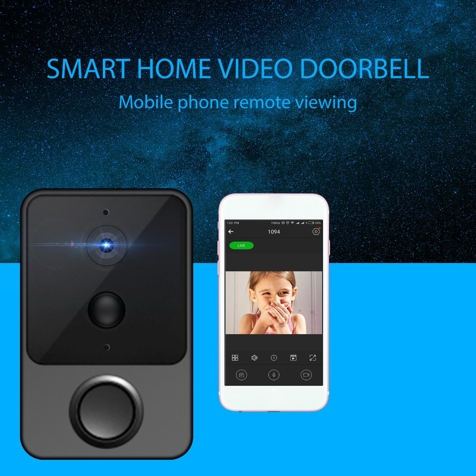 Campanello Video Intelligente Batteria da 2600 MAh 1080p 160 | Telecamera di Sicurezza Domestica, WiFi da 2,4 GHz, Batteria Ricaricabile, Audio Bidirezionale, Immagini 1080p, Custodia in