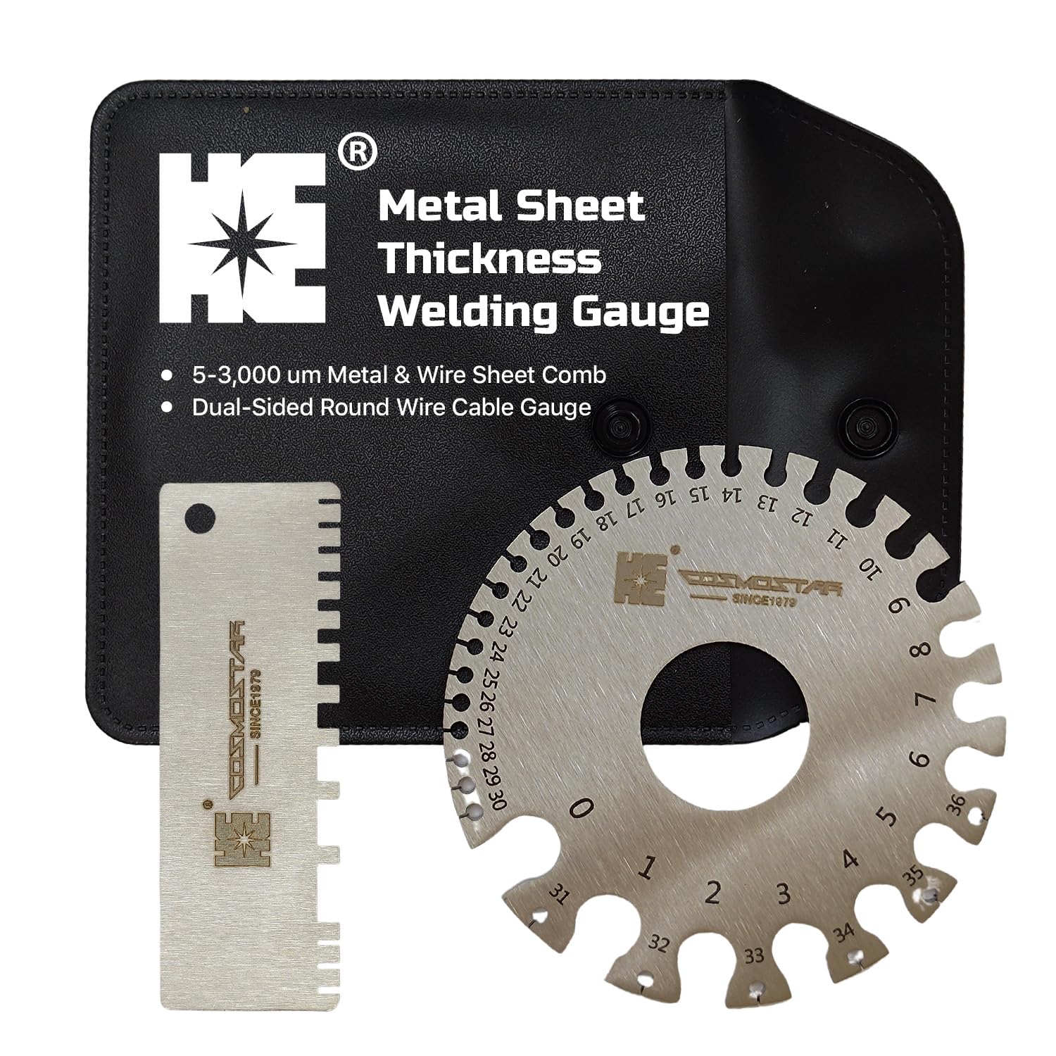Cosmostar 2 Pcs Stainless Steel Welding Gauge Set - Wire & Metal Sheet Thickness Gauge, 25-3,000 um Wet Film Comb + Dual-Sided Round Wire Cable Gauge for Welding Material & Sheet Measurement