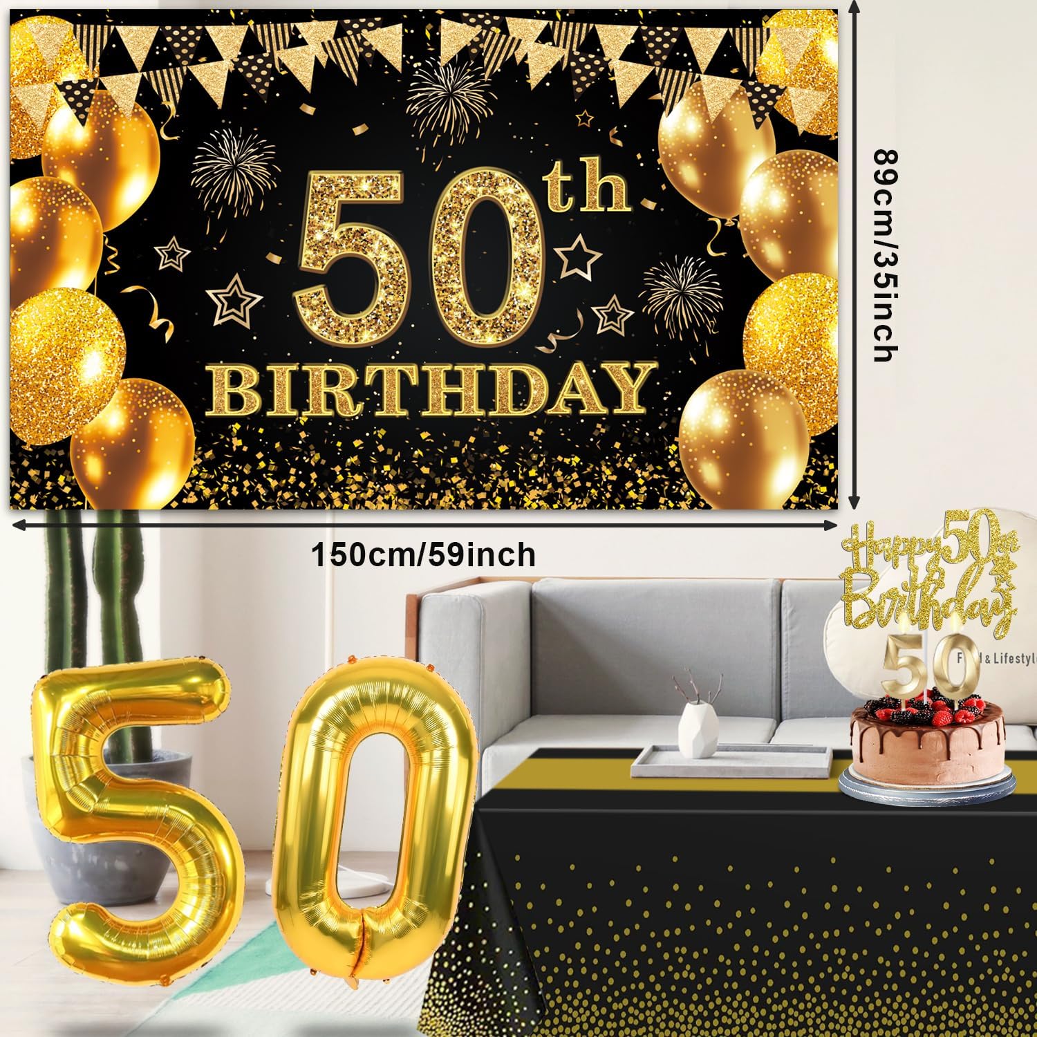 50th Birthday Decorations Men Women with 50th Birthday Banner, Black and Gold Table Cloth, Number Balloons, Large Sash, Cake Topper and Candles - Image 5