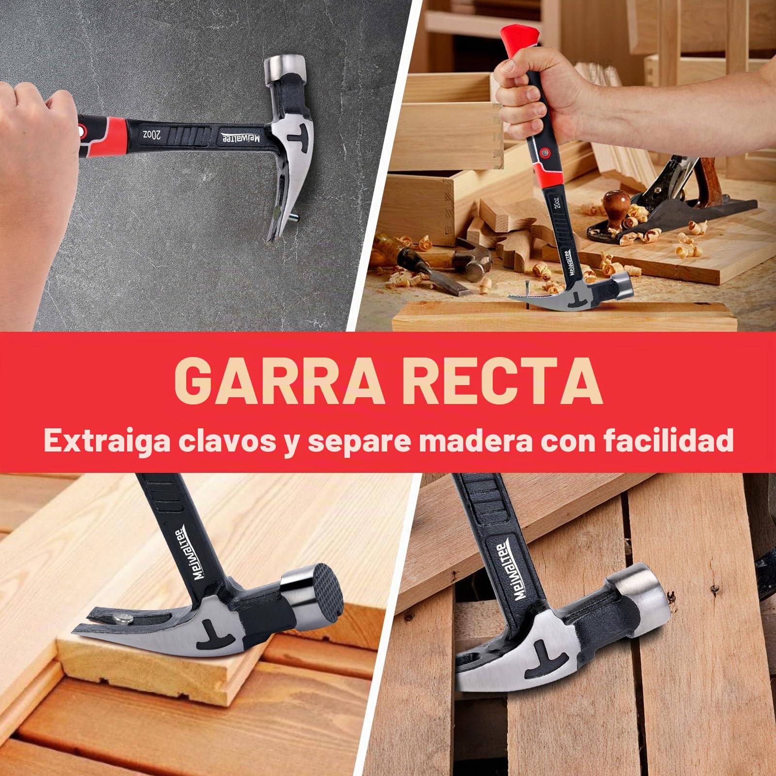 Martillo de Carpintero Recto con Soporte Magnético Para Clavos, Superficie Fresada y Mango que Absorbe los Golpes, Martillo de Garra con Forma Ergonómica-850 g de Peso