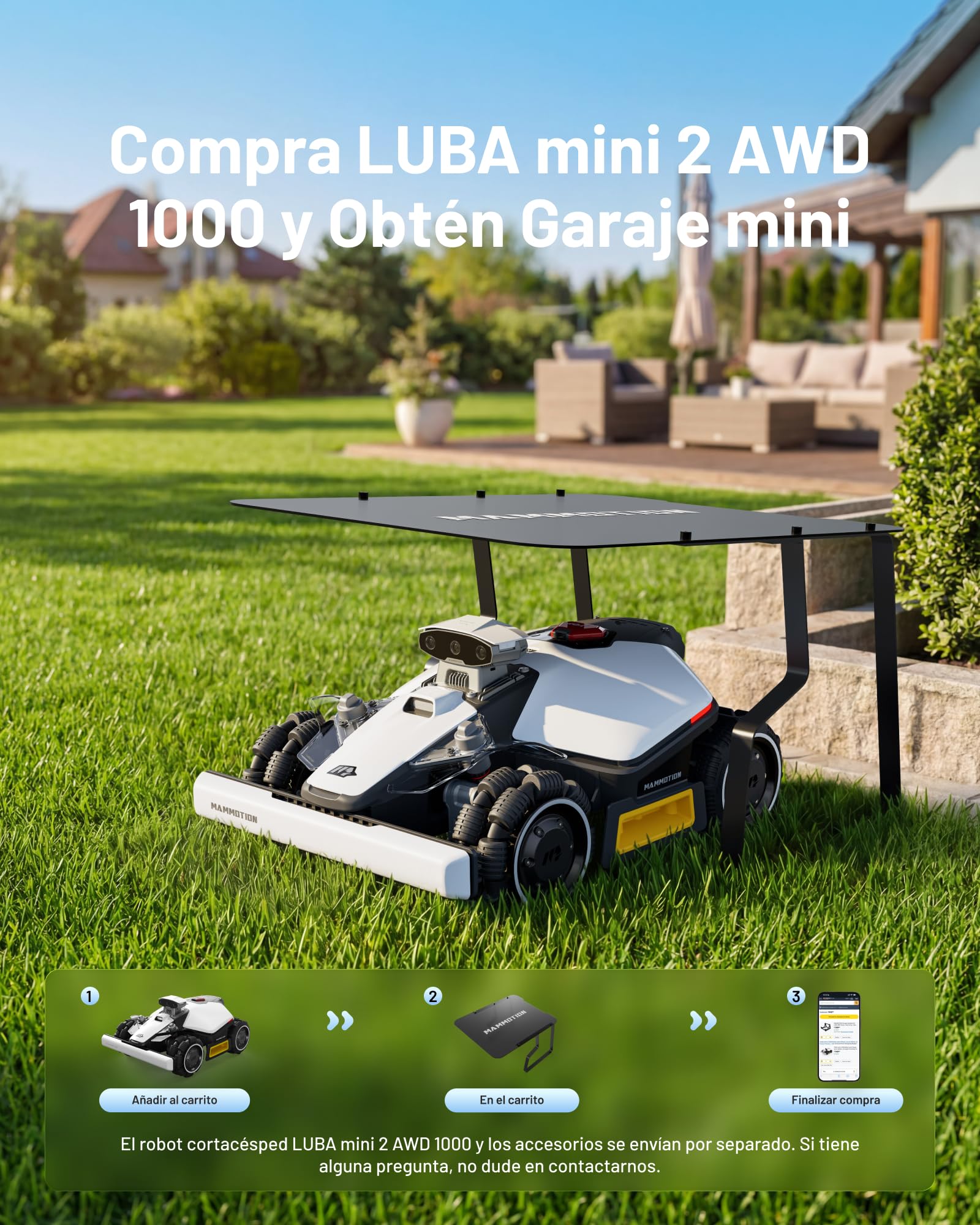 MAMMOTION LUBA Mini 2 AWD 1000 Robot Cortacésped con Garaje Mini | Visión AI Tri-Camera y Posicionamiento NetRTK, Mapeo Automático, DropMow, Pendiente 80%, sin Cable Perimetral
