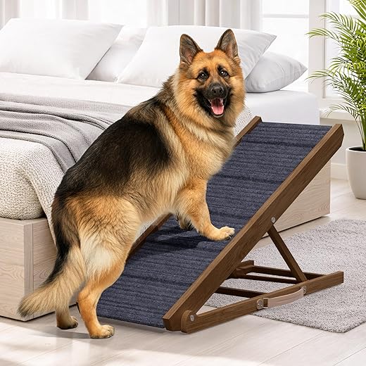Adjustable Dog Ramp for Bed - Foldable Wooden Ramp for Dogs to Get on Bed, Couch, or Car - Ideal for Small, Medium, and Large Breeds (Walnut Wood with Grey Carpet)