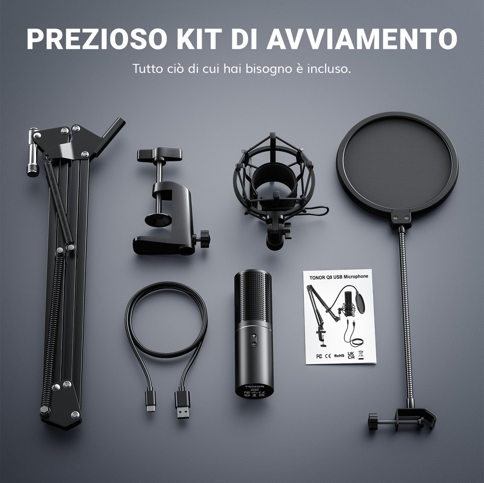 TONOR Microfono PC per Podcast, USB Microfoni con supporto per braccio, Microfono per registrazione in Streaming, Brodcasting, Studio, YouTube, Twitch, Q9