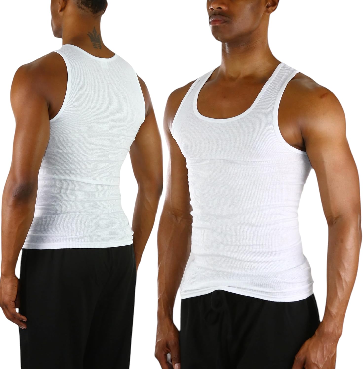 ToBeInStyle Men’s 100% Cotton White A-Shirts Form-Fitting Sleeveless Scoop Neck Undershirts - Image 2