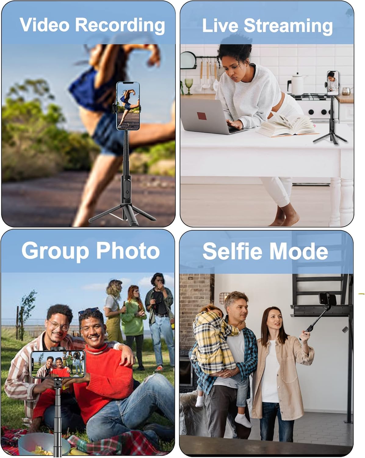 Four panels showing different uses: video recording, live streaming, group photos, and selfie mode.
