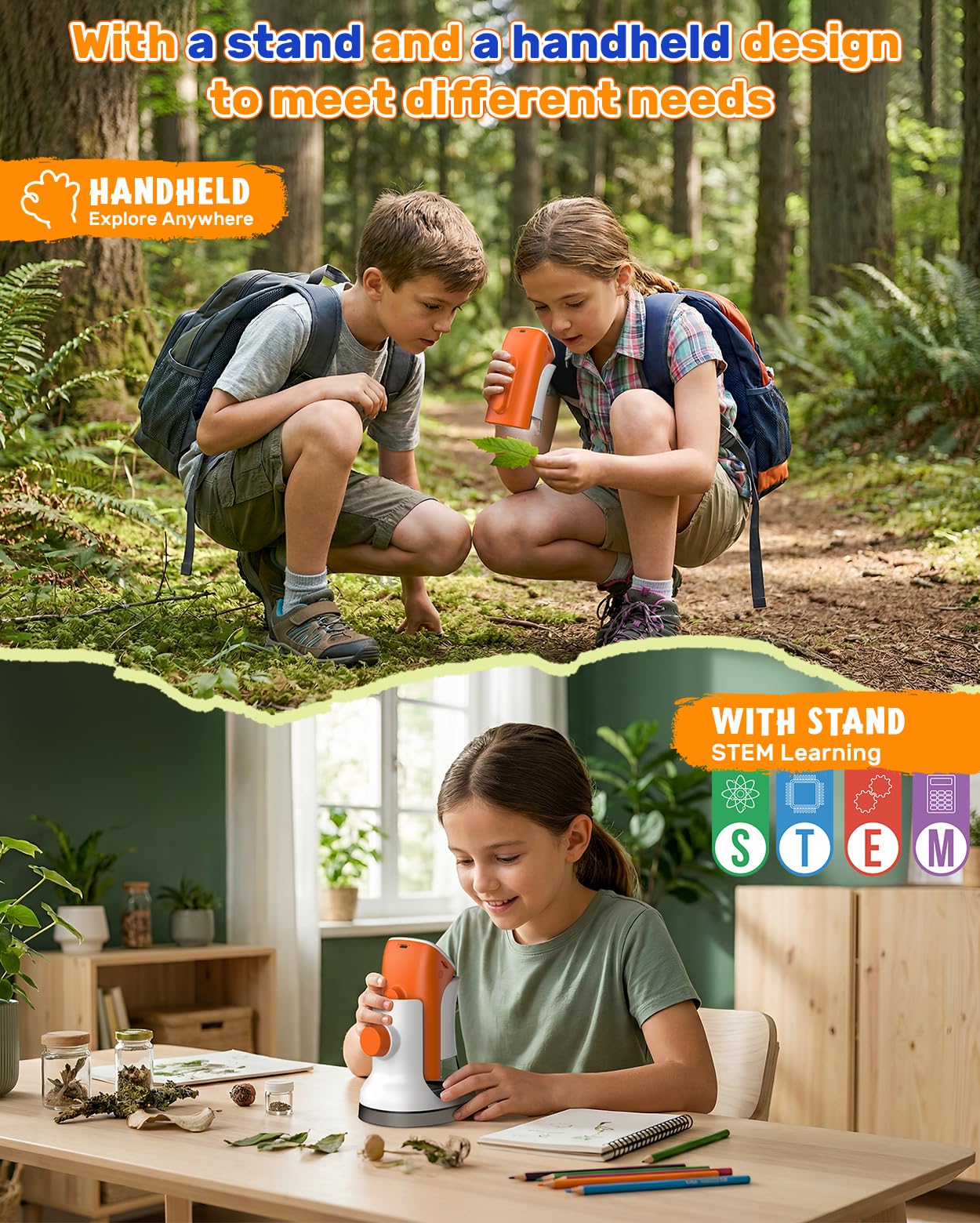 Microscopio para niños con pie: microscopios digitales de mano 100-1000x: Pantalla LCD 4K 2.0 Pulgadas USB portátil Microscopio de bolsillo, con kits científicos, 15 diapositivas, tarjeta de memoria