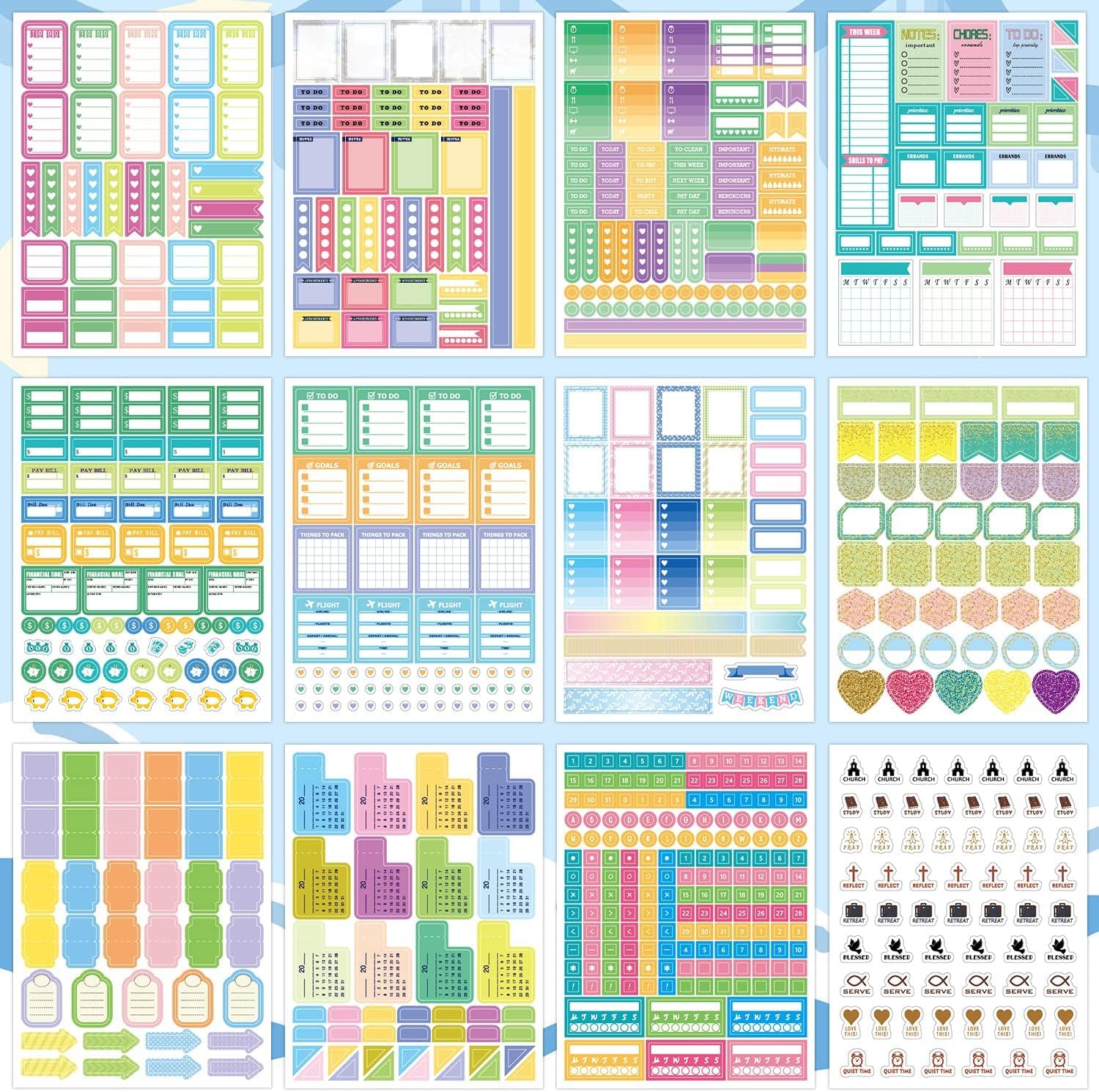 Premify 12 Sheets Essentials Planner Stickers, weekly & daily Travel Business Trips Parties Goals, Stunning various Designs Writable, Encouragement Planning Notes (730 Stickers)