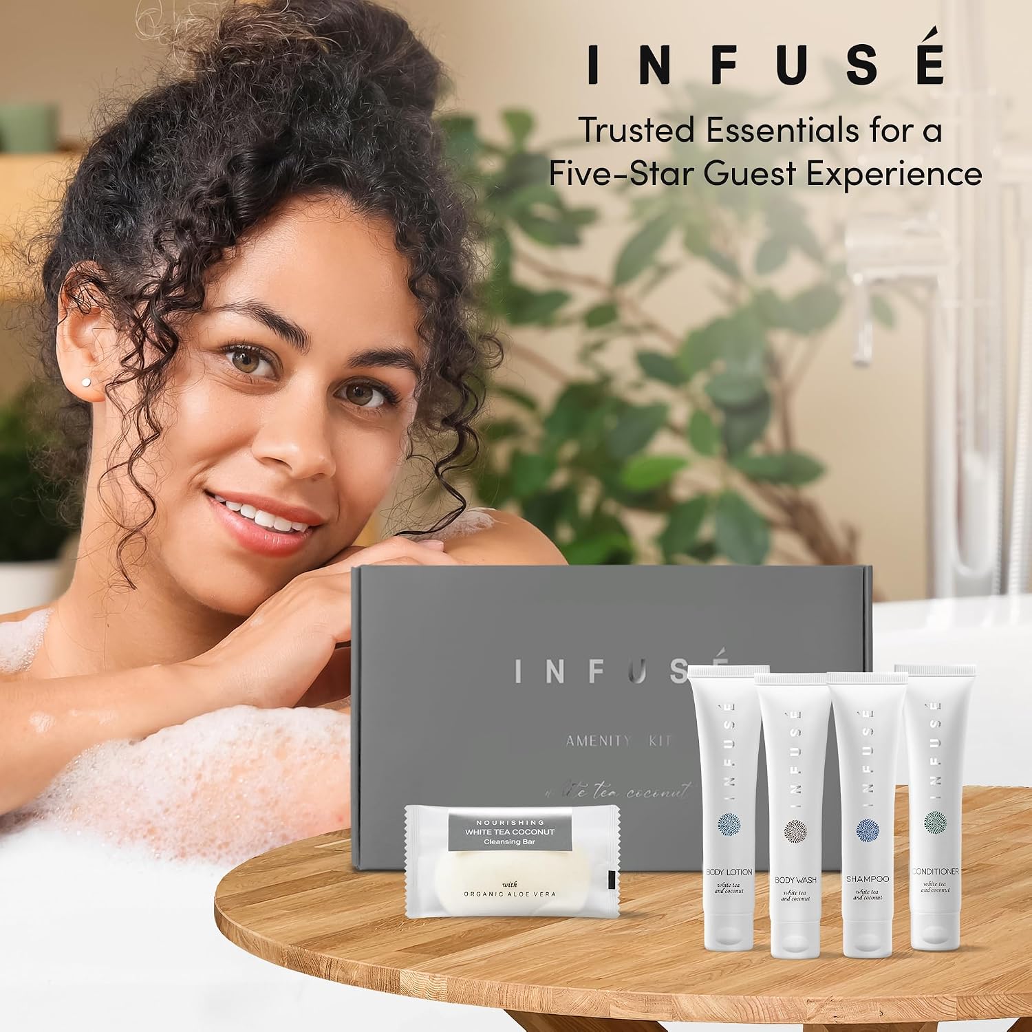 Infuse Amenity Kit | Hotel Bulk Toiletries | 1 oz Shampoo, Conditioner, Lotion, Body Wash, Cleansing Bar Soap for Guest Hospitality Vacation Rentals | 15 Sets/Case