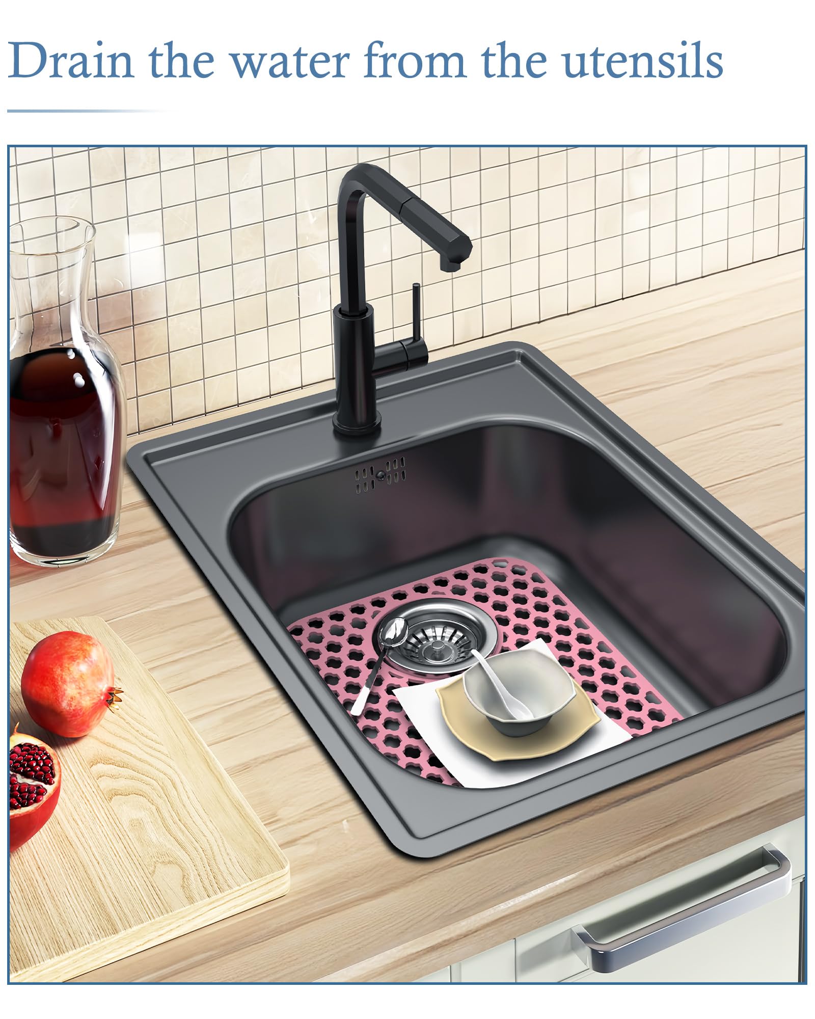 Paquete de 2 protectores de silicona para fregadero de cocina y baño, tapete de fregadero de 34,5 x 29,5 cm, antideslizante y duradero, protector de fregadero de silicona, drenaje trasero, color
