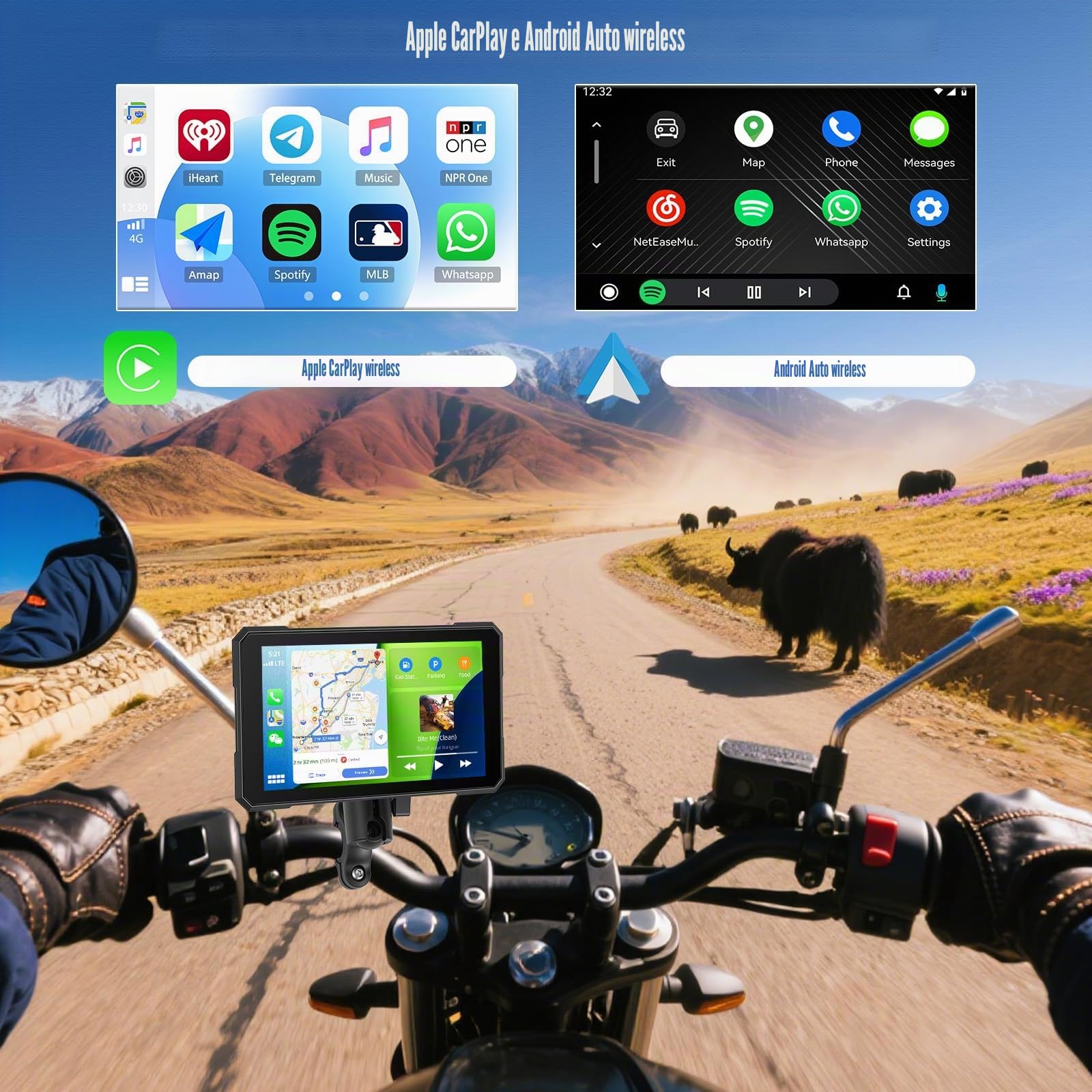 SIXWIN Senza Fili Schermata Carplay Per Moto, Portatile CarPlay & Android Auto Per Moto, 5 Pollici IP67 Impermeabile Touchscreen,Supporto Doppio Bluetooth, Navigazione GPS, Siri, G00gle