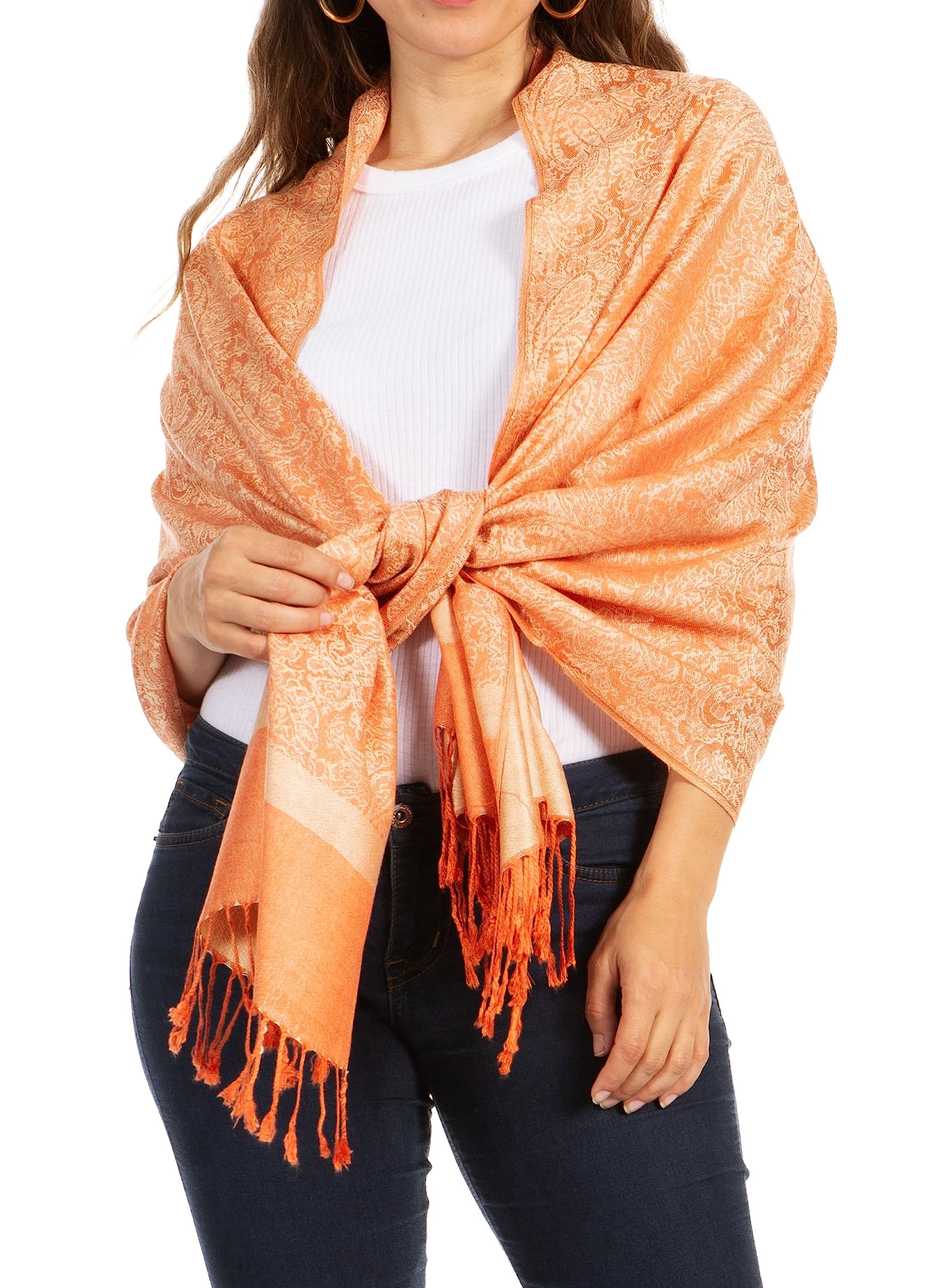 Sakkas Women's Champagne / Orange Paisley Self-Design Shawl/Wrap/Stole - Champagne/Orange Paisley