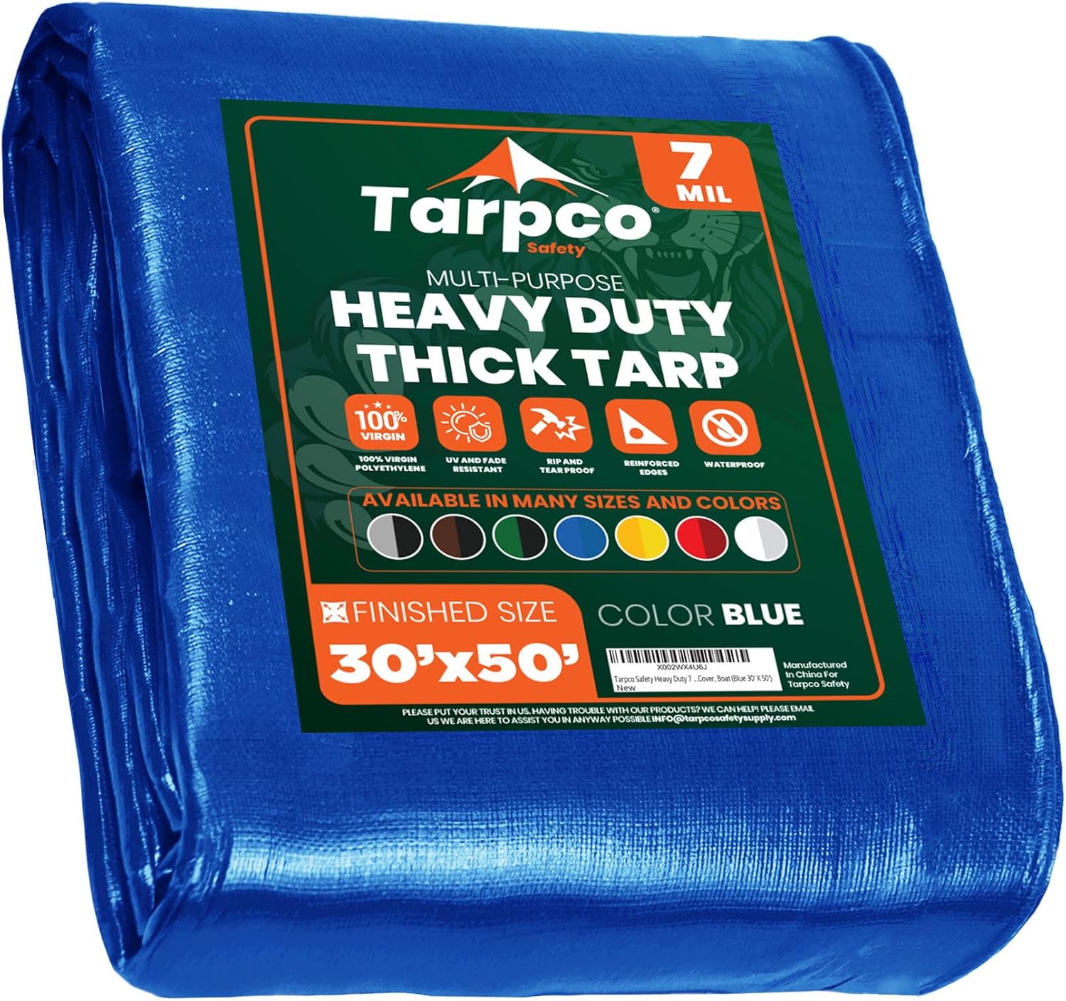 Tarpco Safety Heavy Duty 7 Mil Tarp Cover, Waterproof, UV Resistant, Rip and Tear Proof, Poly Tarpaulin with Reinforced Edges for Roof, Camping, Patio, Pool Cover, Boat (Blue 30 X 50)