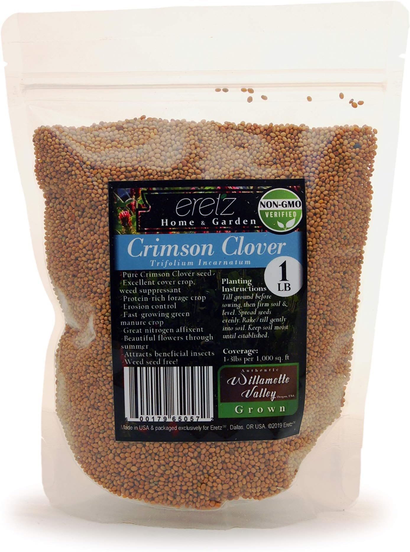 Crimson Clover Seed by Eretz (1lb) - Choose Size! Premium Willamette Valley, Oregon Grown Non-GMO Seed, No Coating, No Fillers, No Treatment.