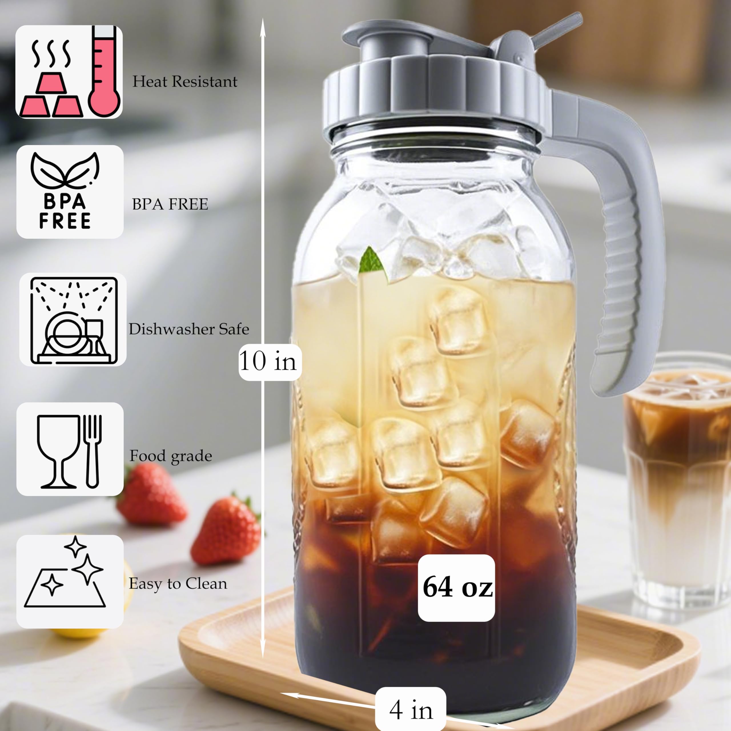 Jarra de agua de vidrio de 64 onzas con tapa de medio galón de boca ancha, jarra de té de sol de 2 cuartos de galón, jarra de agua caliente para café, limonada, bebidas, leche, recipiente de jugo para
