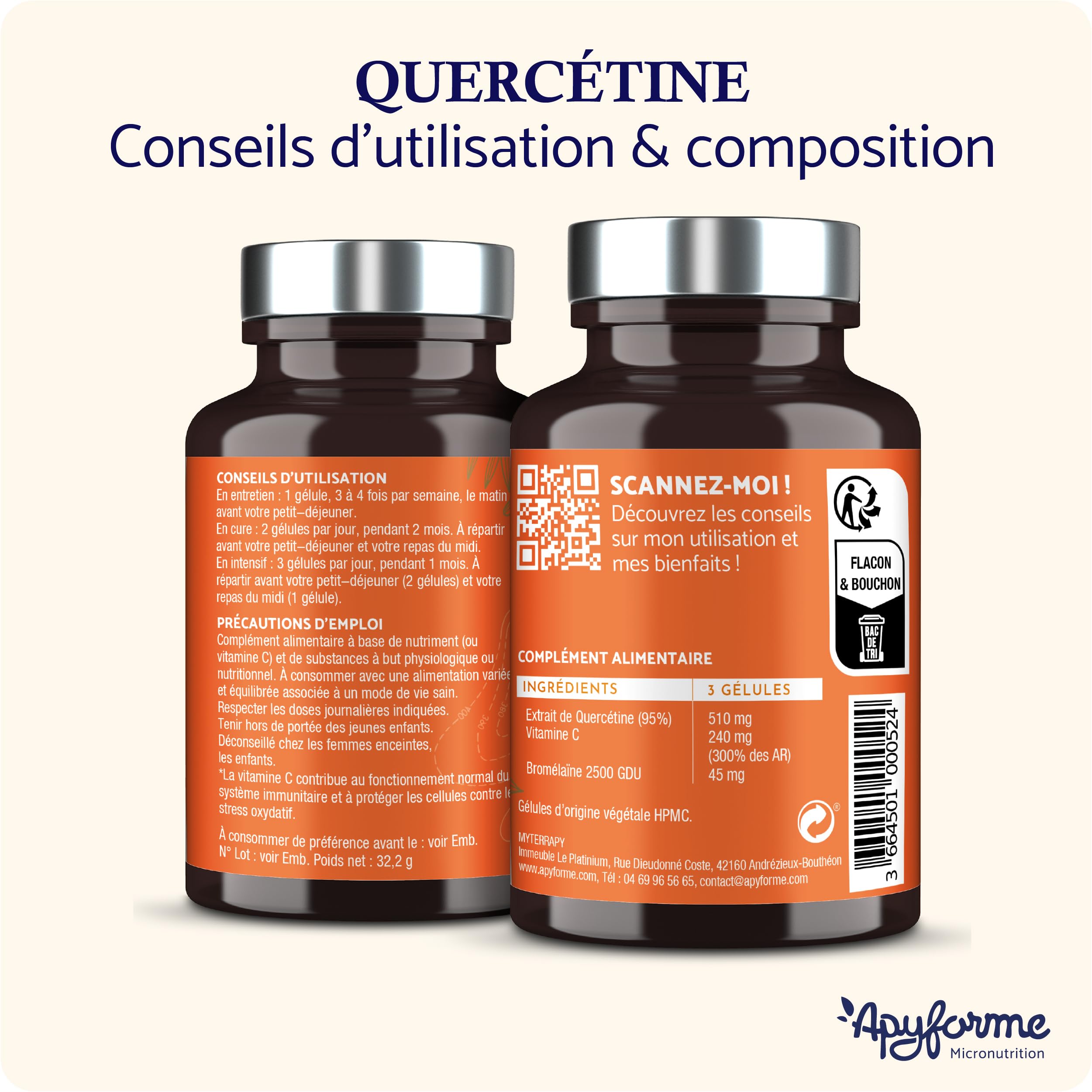 Apyforme - Quercetine Vitamine C et Bromelaïne - 90 Gélules - Fabriqué en France
