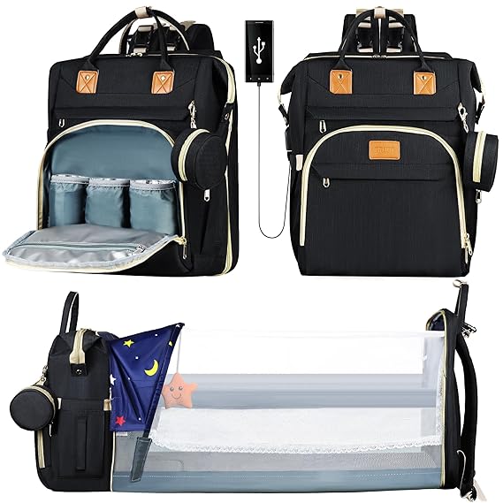ZRSUN Baby Diaper Bag Backpack,Baby Shower Gifts, Multifunctional Travel Diaper Bag, Gifts for Mom with Portable Diaper Pad, Black, Large, Travel
