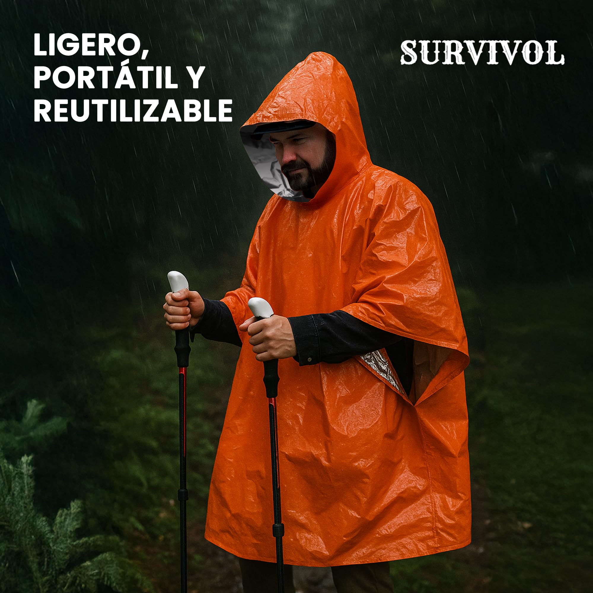 Poncho Impermeable 4 Pc - Kit Supervivencia 72 Horas Equipada - Poncho Lluvia - Manta Termica Supervivencia Reversible con Capucha para Retención de Calor y Lluvia - Resistente al Viento.