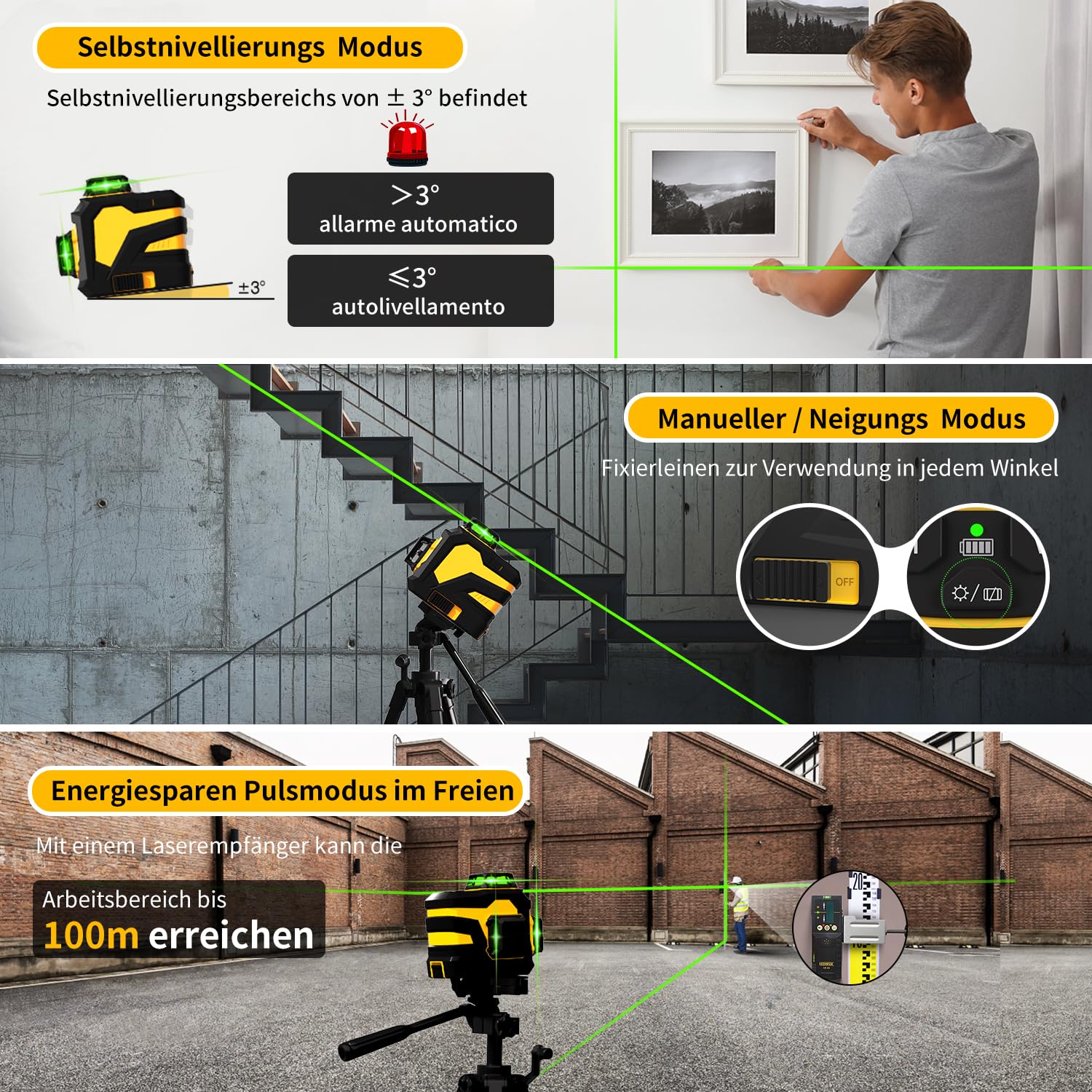 Kreuzlinienlaser mit Stativ,3 x 360°Laser Wasserwaage Selbstnivellierend,Linienlaser mit Teleskopstativ für Verlegung Bodenfliesen, Installation Trennwänden Kreuzlinienlaser Grün