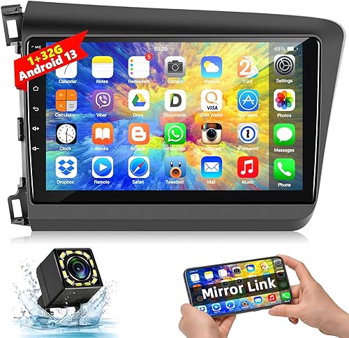 Estéreo de coche para Honda Civic 2012 2013 2014 2015 con Bluetooth, podofo Android 13 9 pulgadas pantalla táctil receptor de radio de coche con