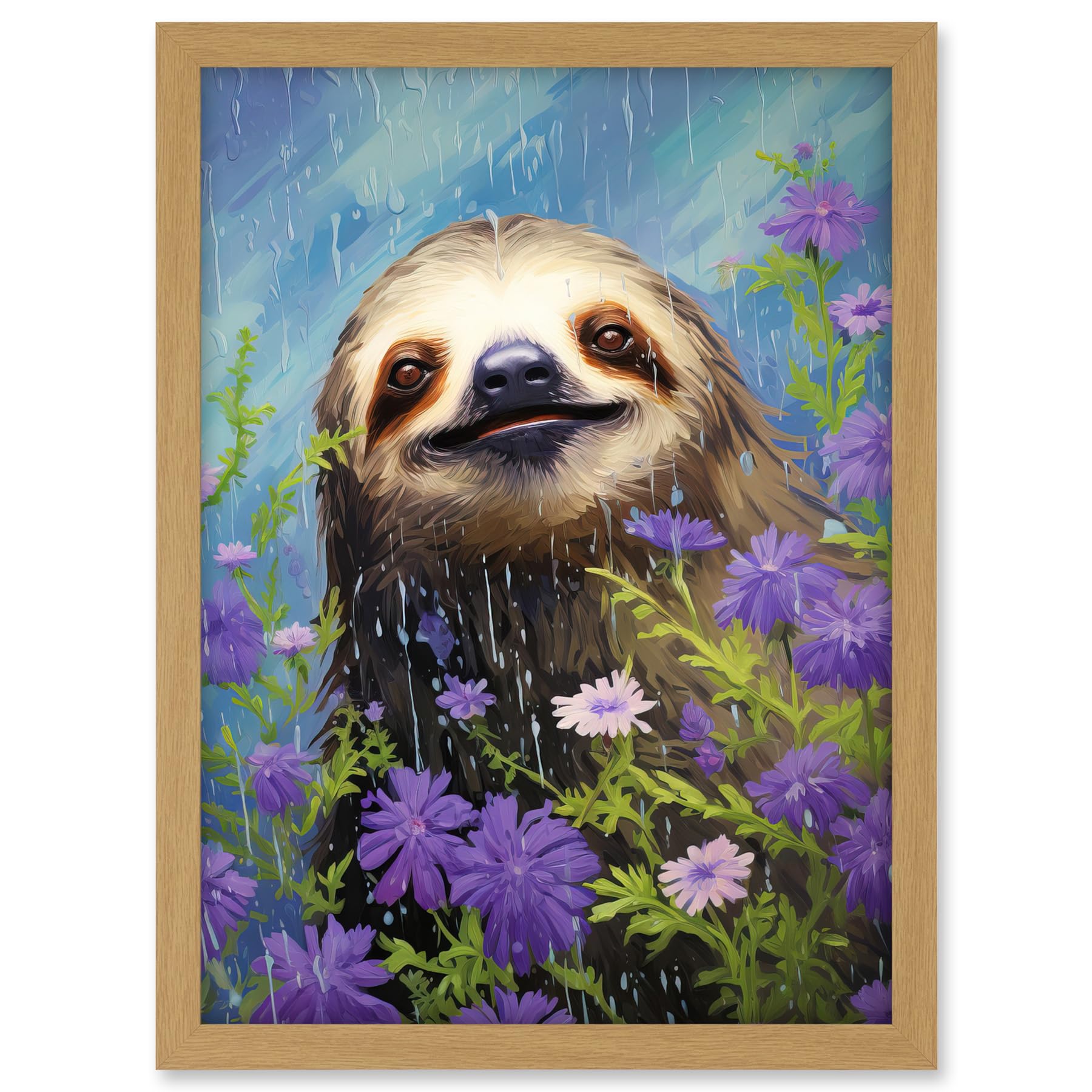 Artery8 Carefree Sloth in a Field of Lavender Daisies Oil Painting Enjoying the Spring Rain Kids Bedroom Artwork Framed A3 Wall Art Print