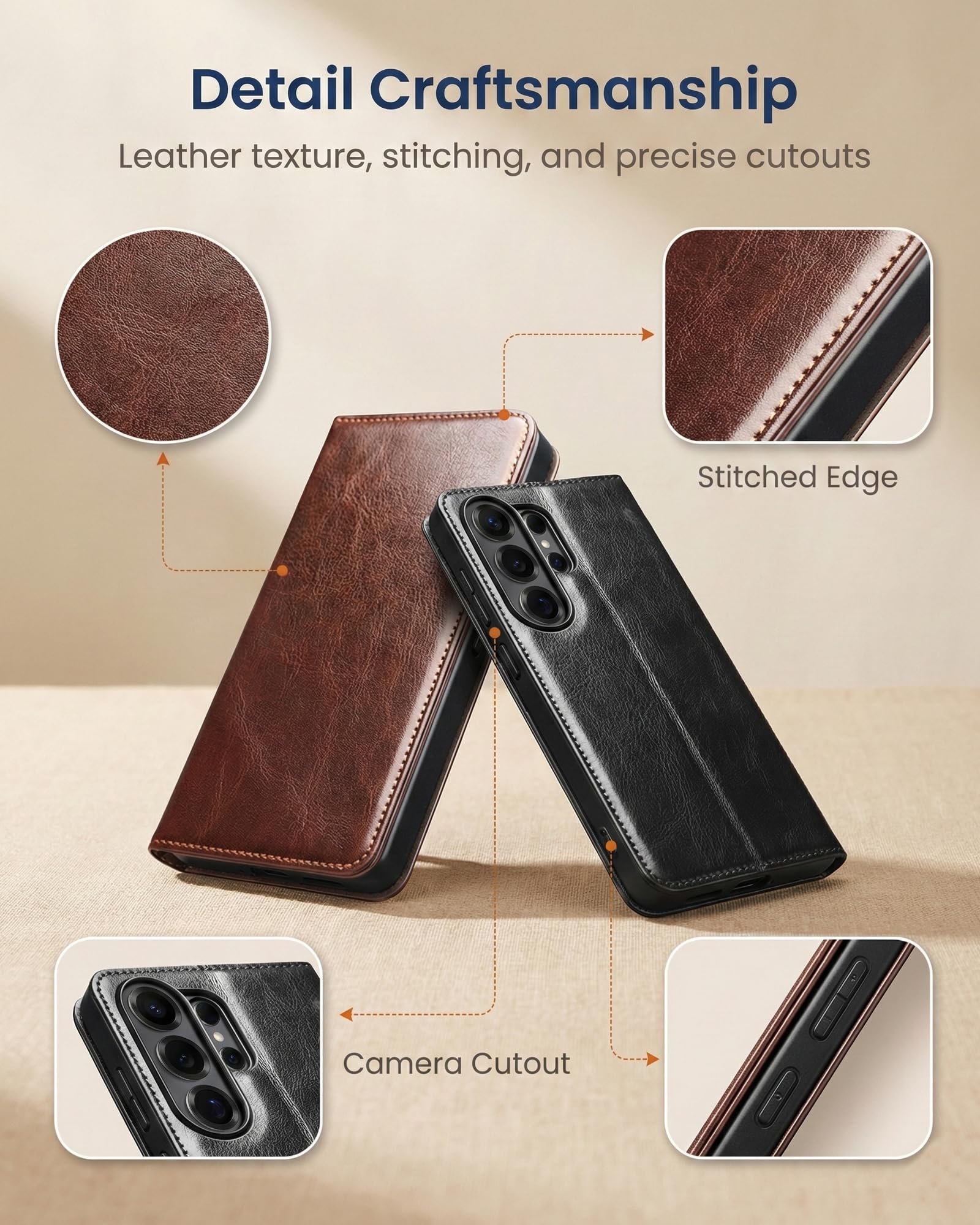Leder-foliohülle im Business-Stil für Samsung Galaxy S26 Ultra, Brieftaschen-Klapphülle mit 3 Kartenfächern, Schlanker TPU-Handyhülle und Bequemem Griff für den Täglichen Transport, Braun