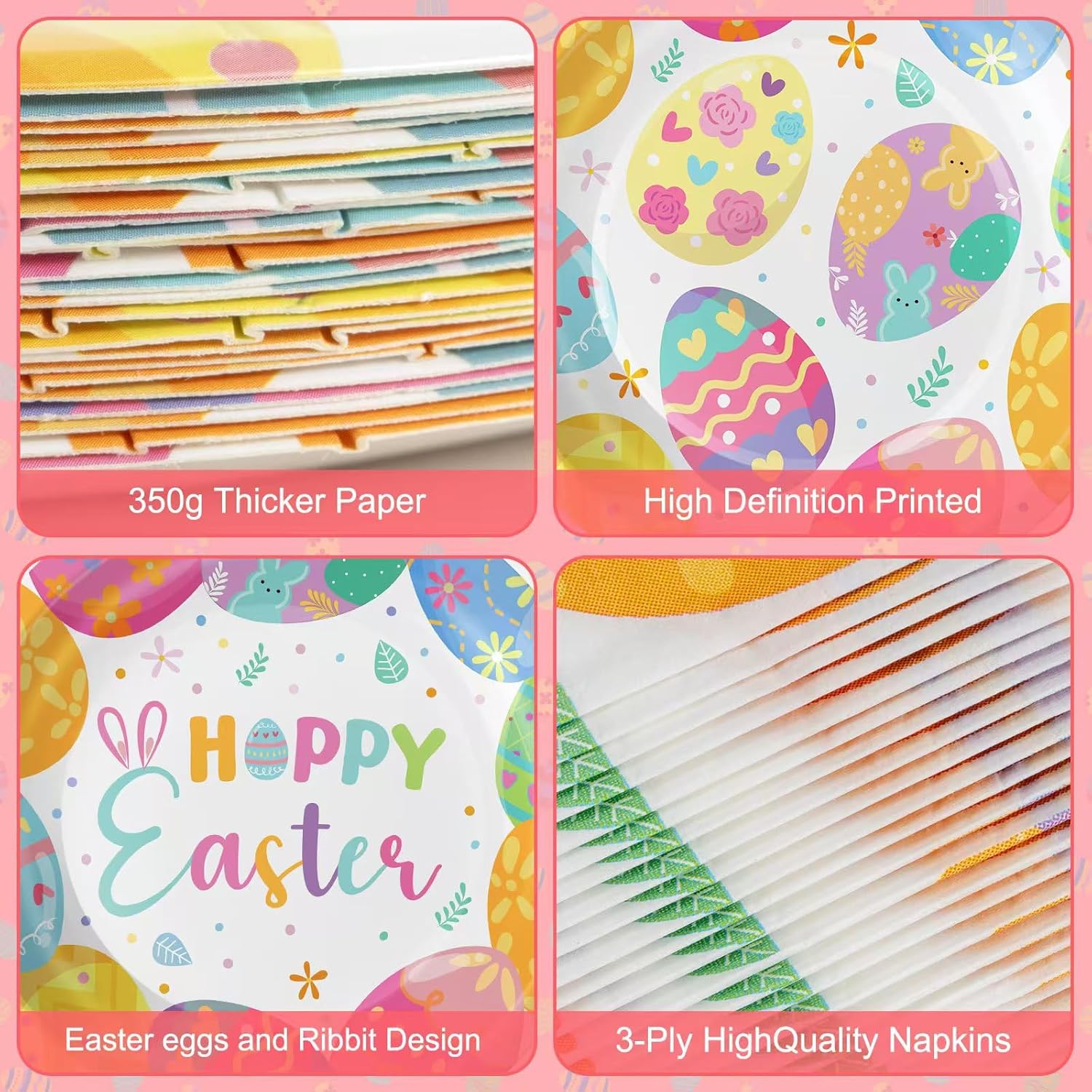 150 Pack Easter Party Supplies Set, Happy Easter Dinnerware Set Includes Heavy Duty Dessert Dinner Plates and Luncheon Napkins for Spring Birthday Party Decorations Table Decor, Serves 50 - Image 4