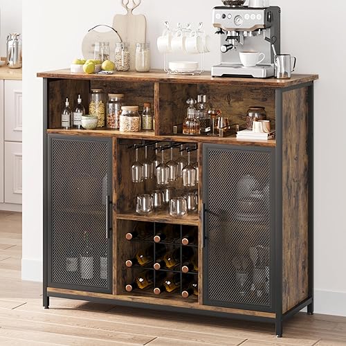 IDEALHOUSE Gabinete de barra de café, gabinete de almacenamiento industrial con puertas de malla y estantes ajustables, aparador mesa de buffet para