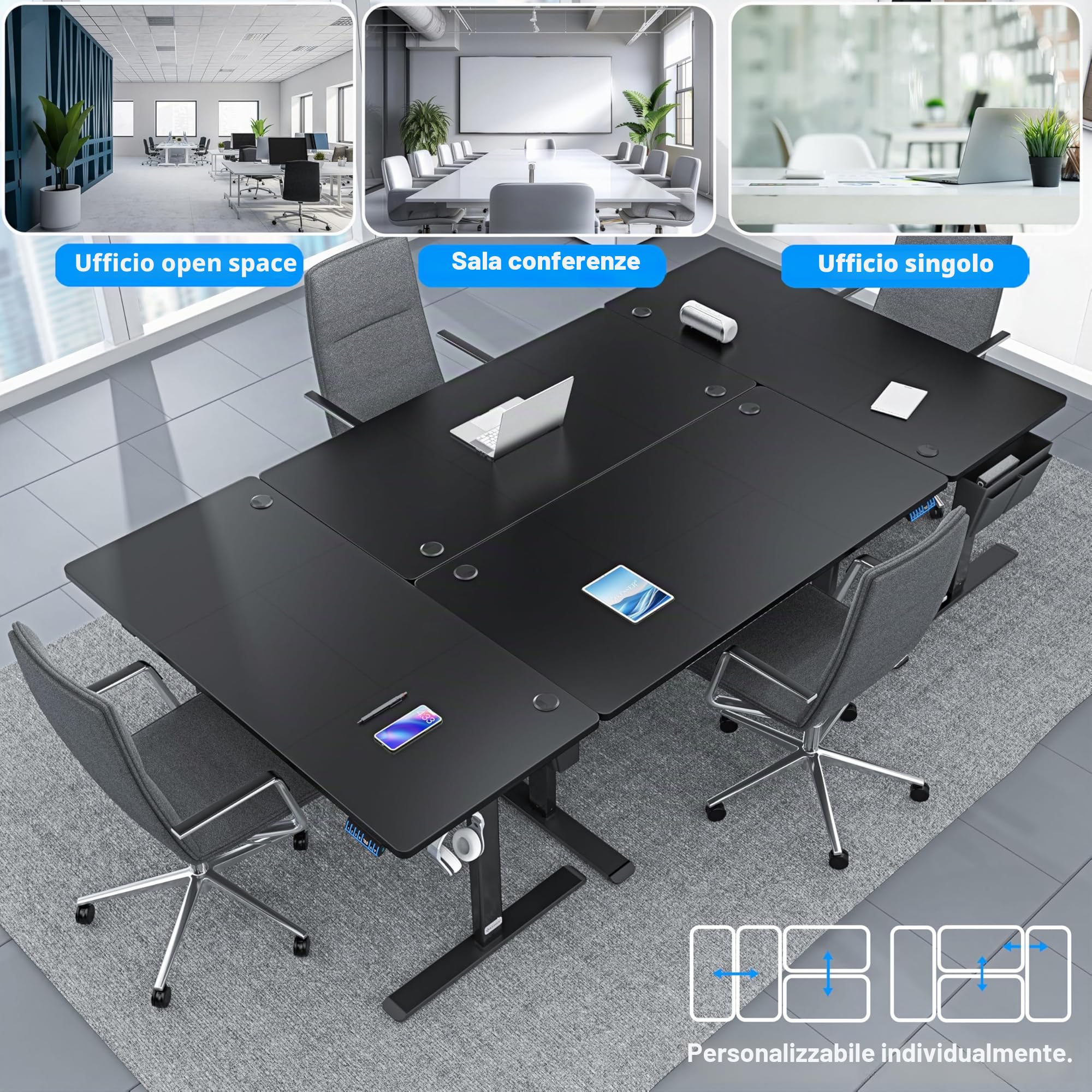 KESSER® Scrivania elettrica regolabile in altezza, Scrivania ergonomica per postura eretta, Controllo di memoria a 3 funzioni, incl. Ruote a 360° e Porta di ricarica USB, 100x60 cm - Nero