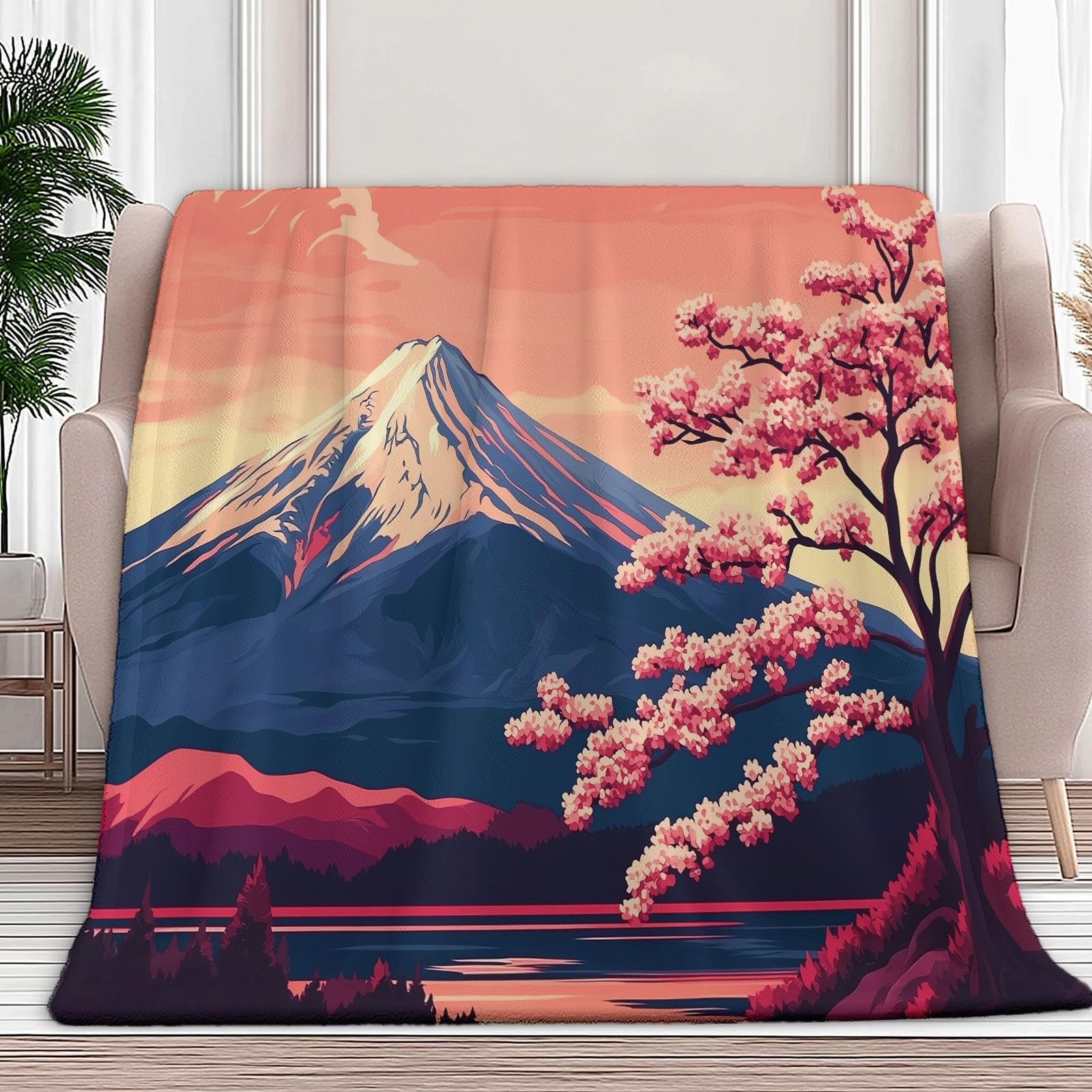 Couverture en Flanelle Cerisiers De Montagne À La Japonaise 180 x 200 cm Couvertures en Polaire en Microfibre Polaire Toutes Saisons pour Voyage Canapé pour Voyager Lit Canapé Enfants Adultes, Kaki