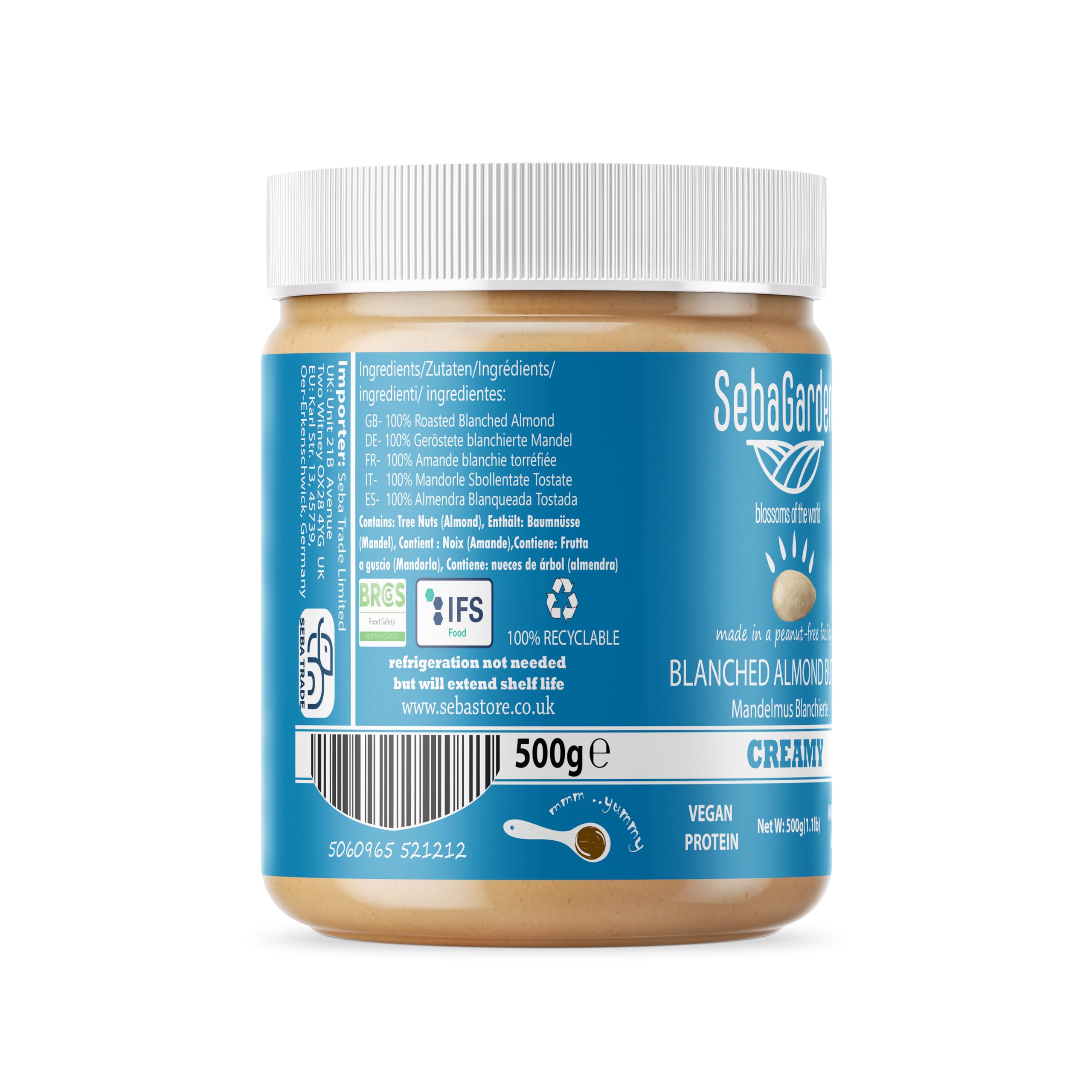Seba Garden Mantequilla de almendras blanqueada 500 g sin sal sin azúcar vegana paleo