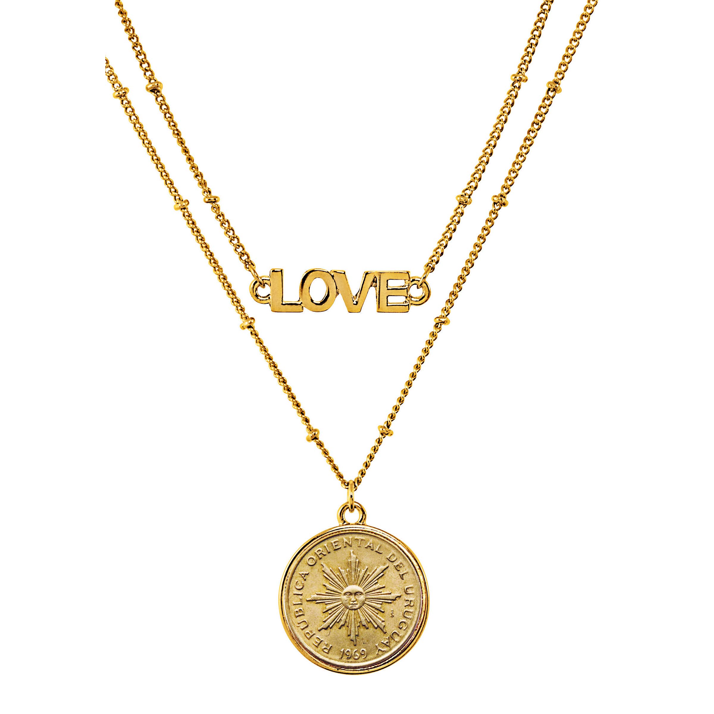 American Coin Treasures Sun Coin Necklace Double Strand Love Chain- Genuine Uruguay Coin | Goldtone Saturn Style Chain and Lobster Claw Clasp | Certificate of Authenticity