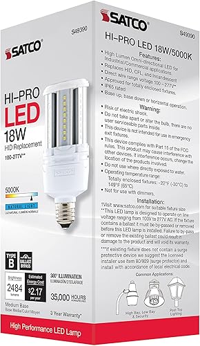 Miniatura 9 de Satco Bombilla LED HID S49390 Corncob, base media, 18 W, clasificación de 35000 horas, 2484 L, luz natural