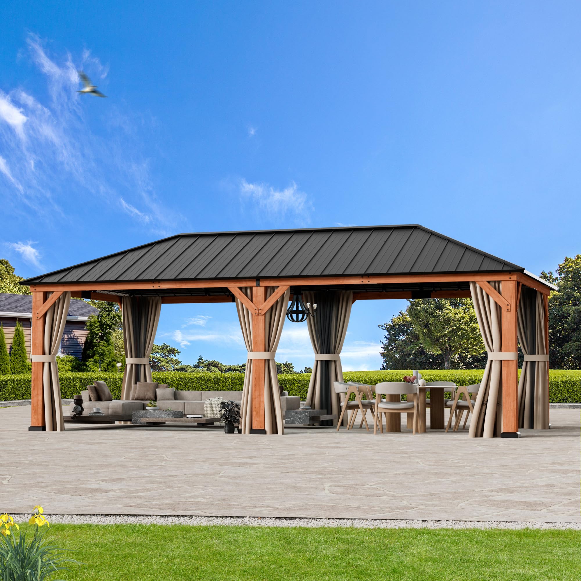 Modern Shade Tranquil Grove Wood Gazebo 12' x 24', Grill Gazebo with Galvanized Steel Roof, Mosquito Netting and Curtains, Permanent Hardtop Pavilion