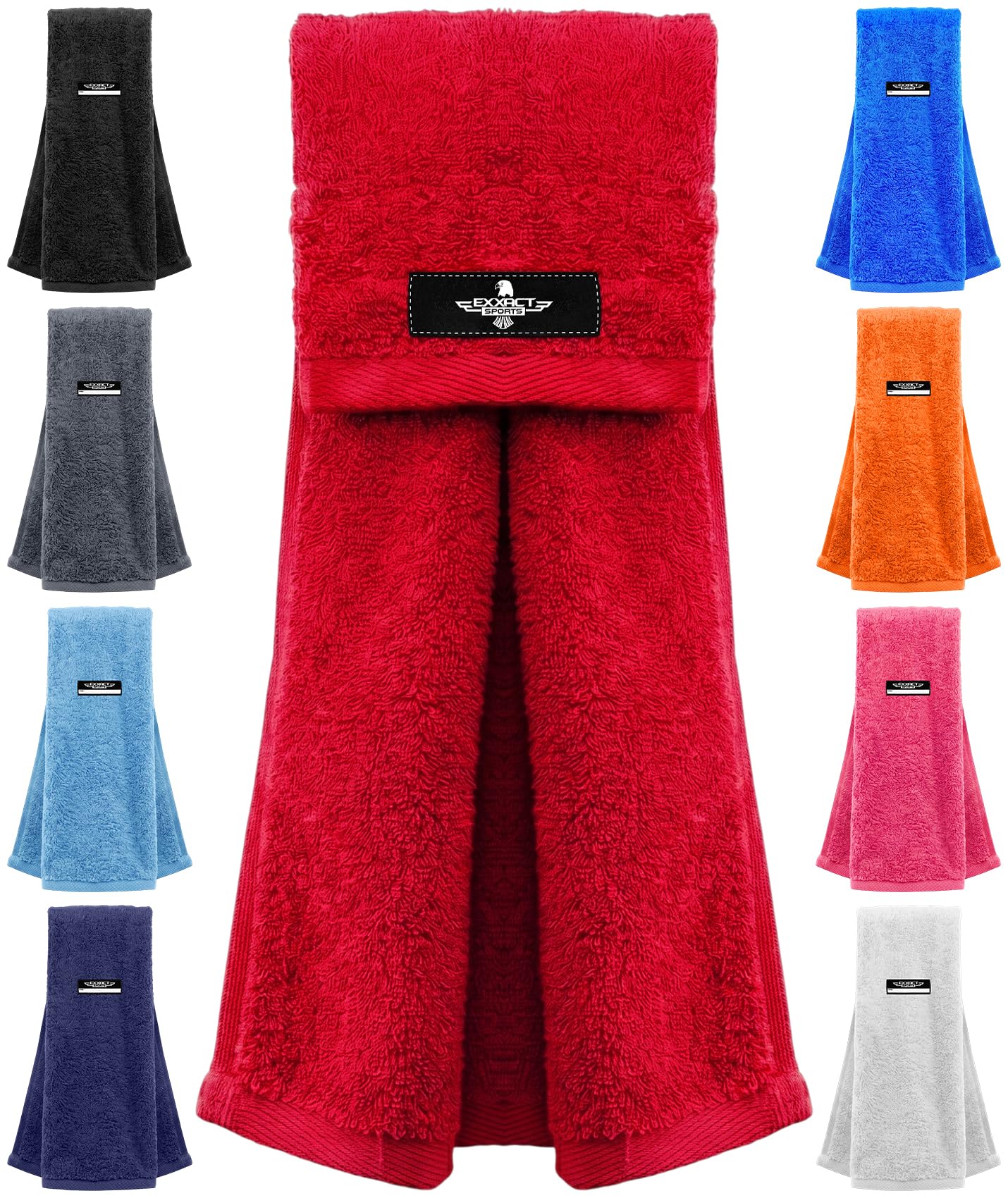 Exxact Sports Red Football Towel with Hook & Loop Fastener, Quarterback QB Sports Towel to Clean Hands, Visor and Gloves - Highly Absorbent, Quick Dry (Red)