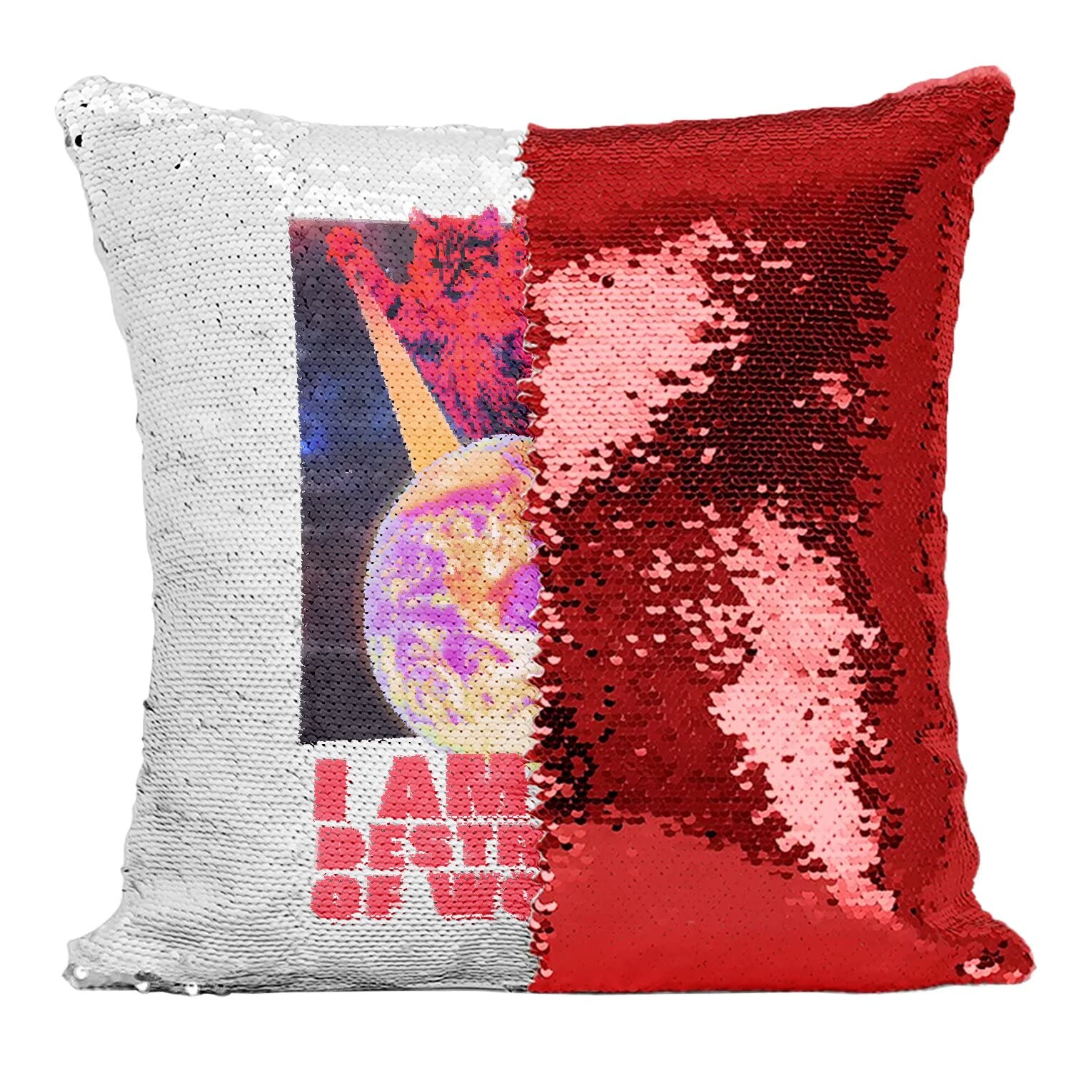 Coussin sequin rouge magique a paillettes reversibles avec motif chat destroyer humoristique
