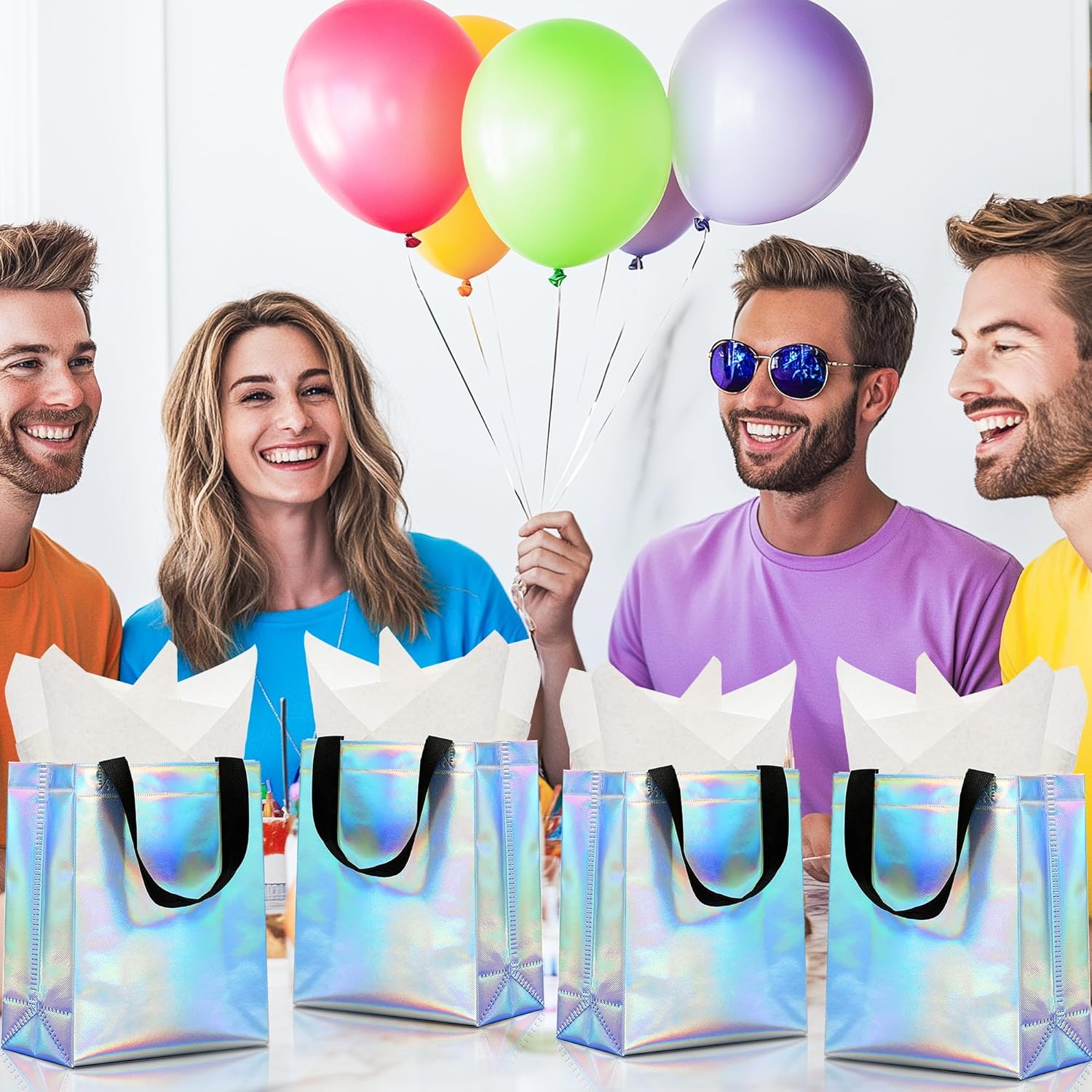 KeerxunBag 12pcs Reusable Gift Bags（Includes Tissue Paper） Gift bag with handle Birthdays Parties Holidays Weddings Medium 10x4x8in rainbow Gift Bags - Image 3