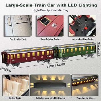 Electric Train Sets Remote Control for Kids Christmas Train Toys Steam Locomotive w/3 Smokes, Glowing Passenger Carriages, Luxury Tracks, Light & Sounds Birthday Gifts for Boys Girls