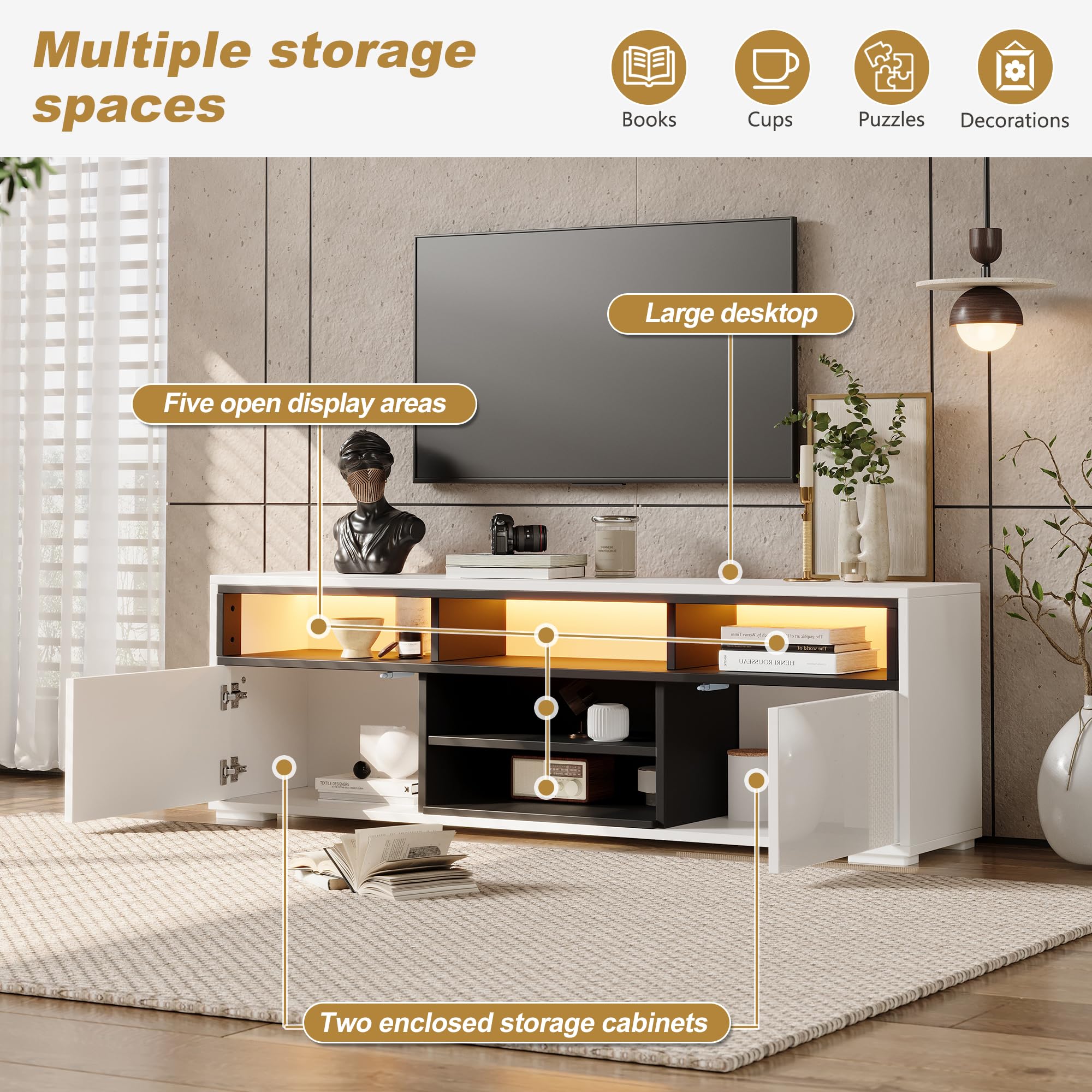 Mueble bajo para TV de alto brillo de 150 x 35 x 50 cm, con espacio de almacenamiento, 2 puertas, 8 almacenes, color blanco