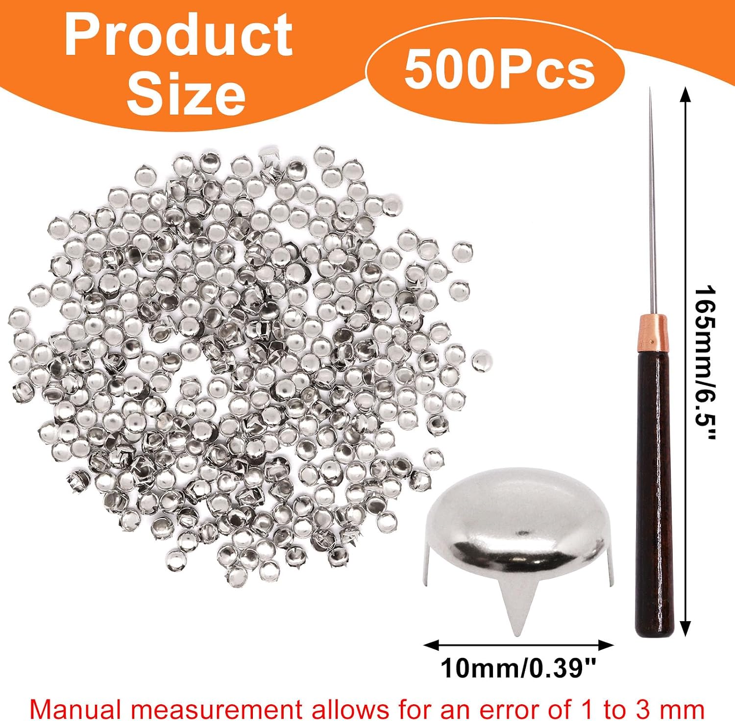 SWZHAI 500Pcs 10mm Round Studs for Clothing, Silver Metal Four-Pronged Studs and Spikes, Punk Style Rivets for Clothing Decoration Pet Collars Jackets Bags