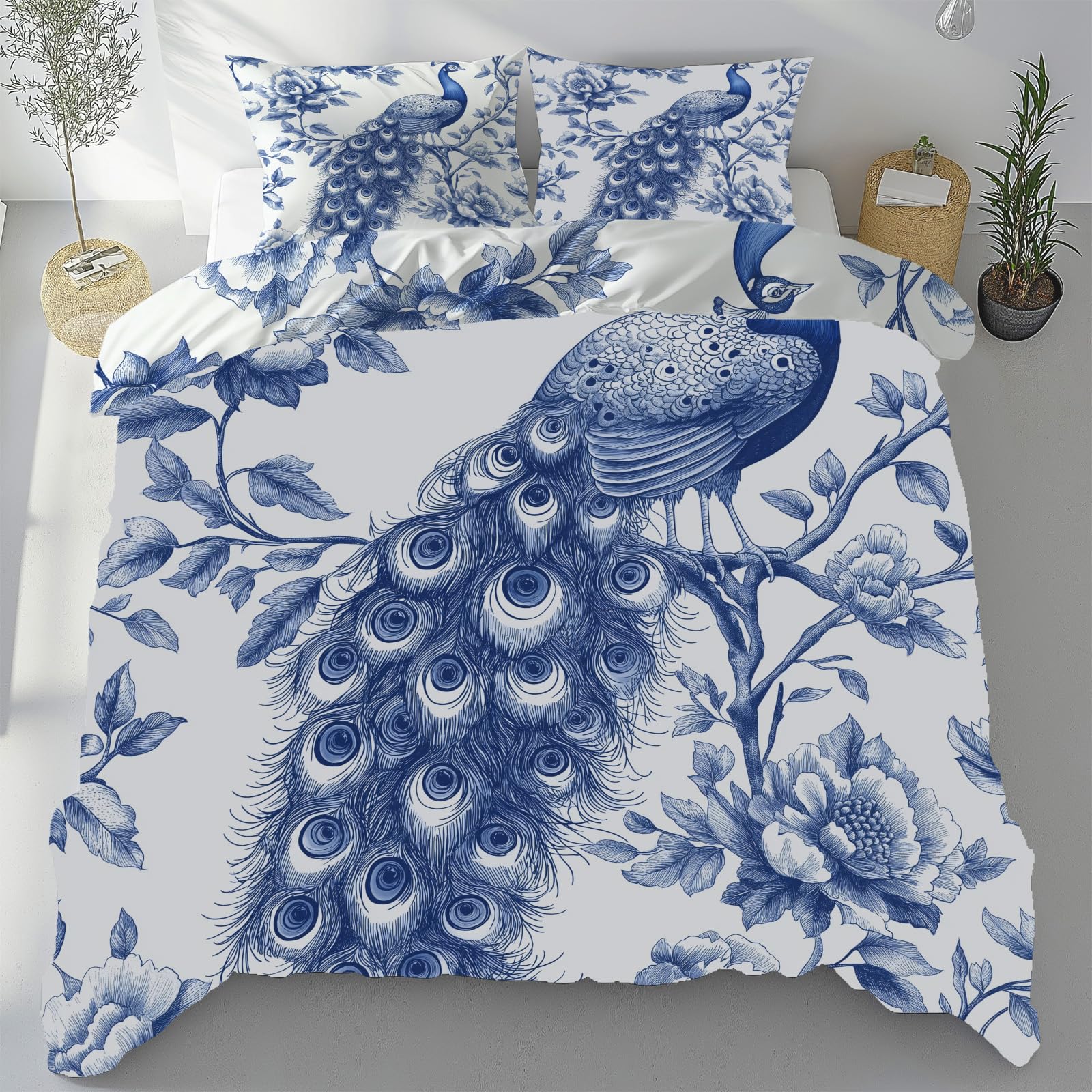 Housse de couette paon pivoine style chinois parure de lit 2 personnes 280x240 microfibre zip