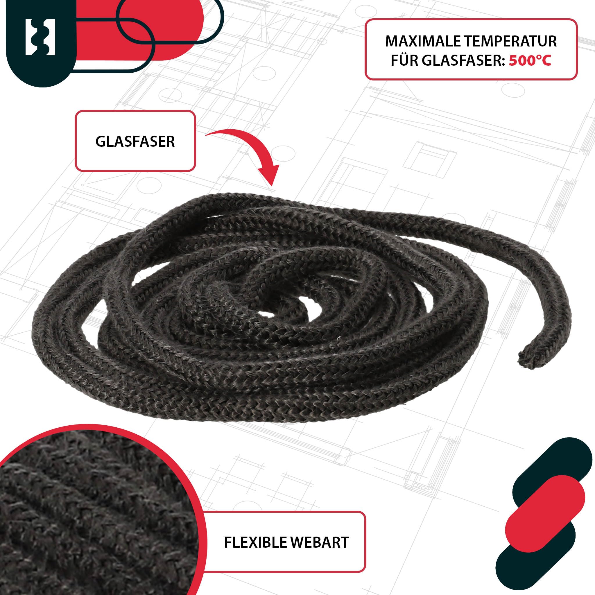 KOTARBAU® Sznur Do Uszczelniania Drzwi Kominka Pieca - 8 MM - 2,5 M -Przędza Szklana - Zestaw Naprawczy - Klej