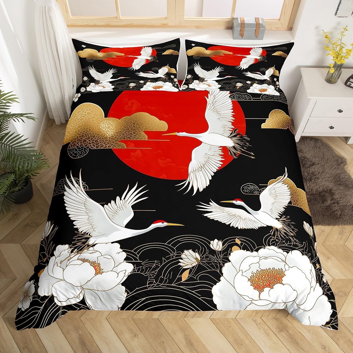 Feelyou Japanese Crane Bedding Set Queen Size Black Gold Ukiyoe Theme Duvet Cover for Adult Kids Boys Girls Asian Anime Comforter Cover Set Wild Animal Bedspread Cover 3Pcs Zipper